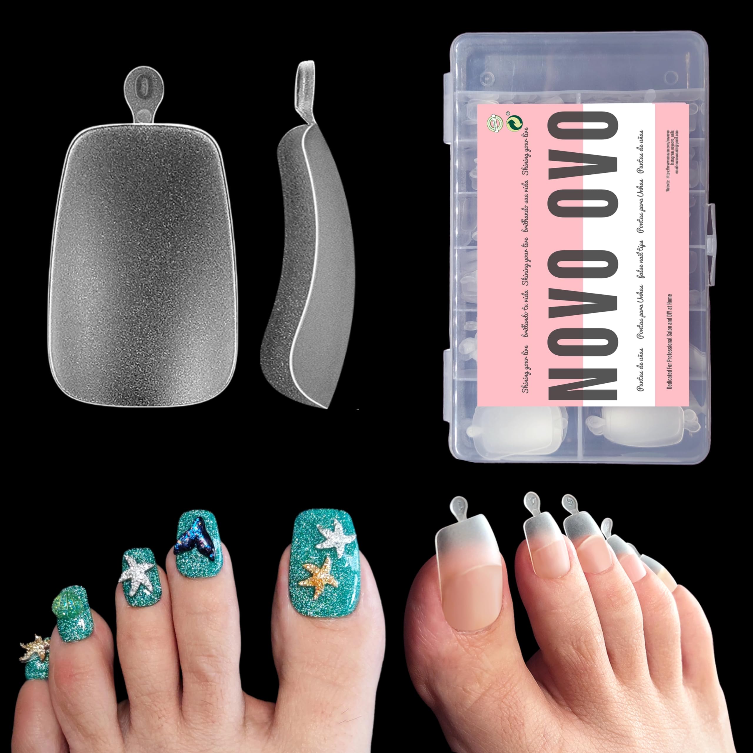 Novo Ovo Long Toe Nail Tips Press On, Curved Full Cover Longtoes Claw, Clear Pre-Etched Matte Pre-Filed Nail Extension For Pedic