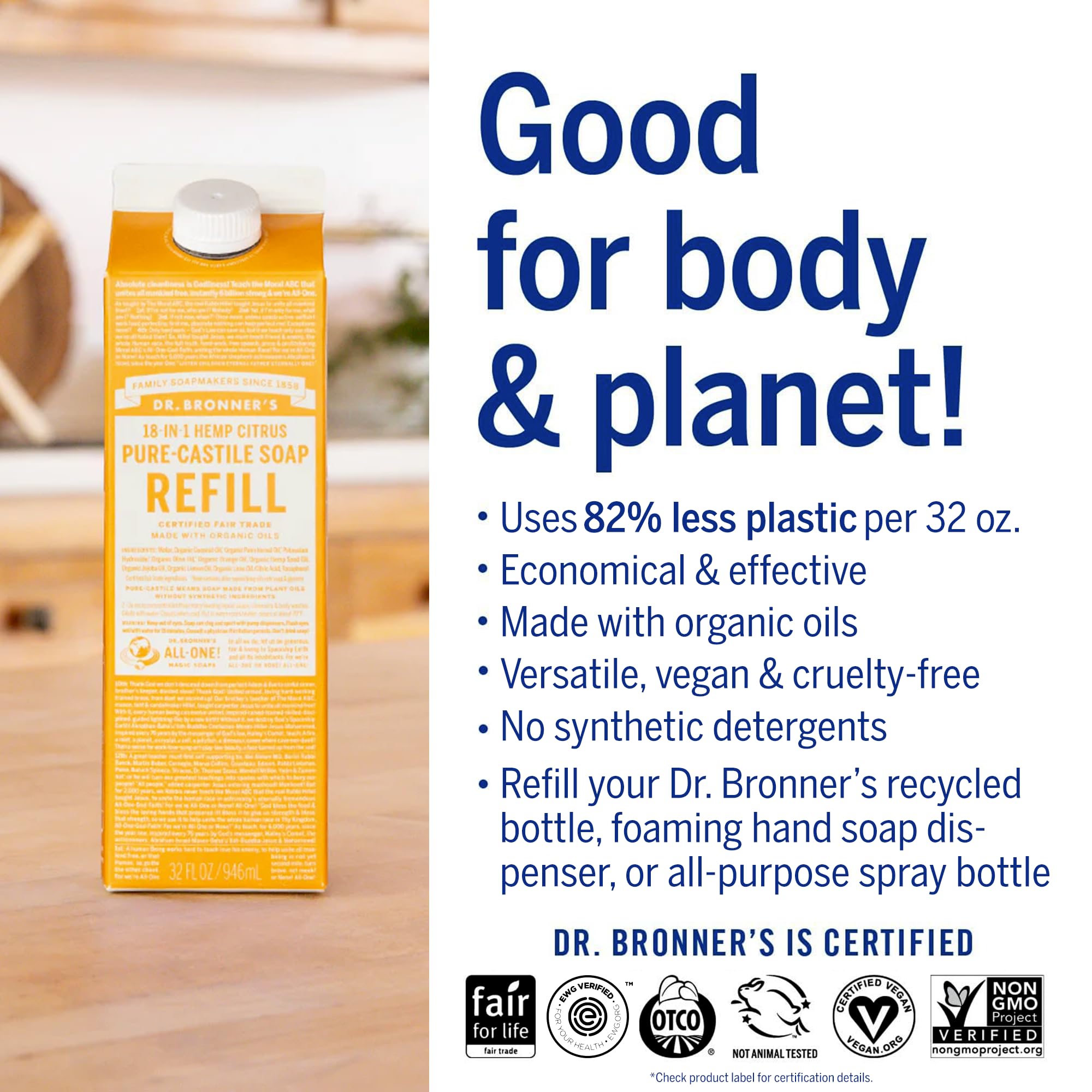 Dr. Bronner 'S - Pure-Castile Liquid Soap Bottle & Refill Carton Made With 82% Less Plastic (Citrus, 32 Oz) - Face, Body, Hair,