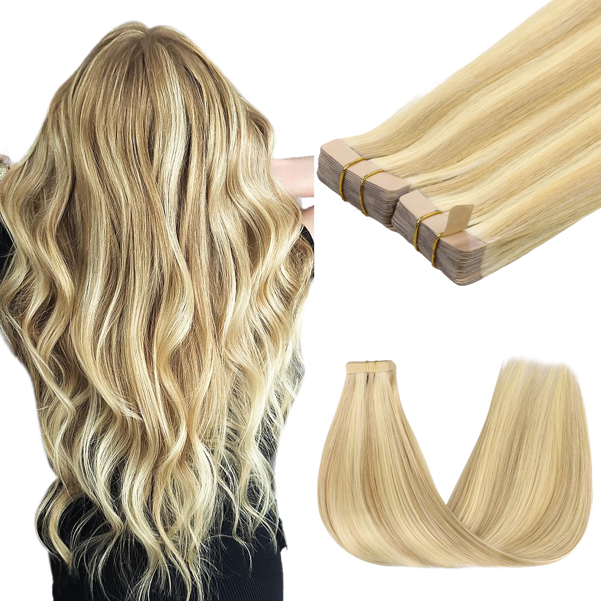 Goo Goo Tape In Hair Extensions Human Hair, 18D/22F Dirty Blonde Highlights, 10Inch 60G 40Pcs, Thick Ends Straight Seamless Tape