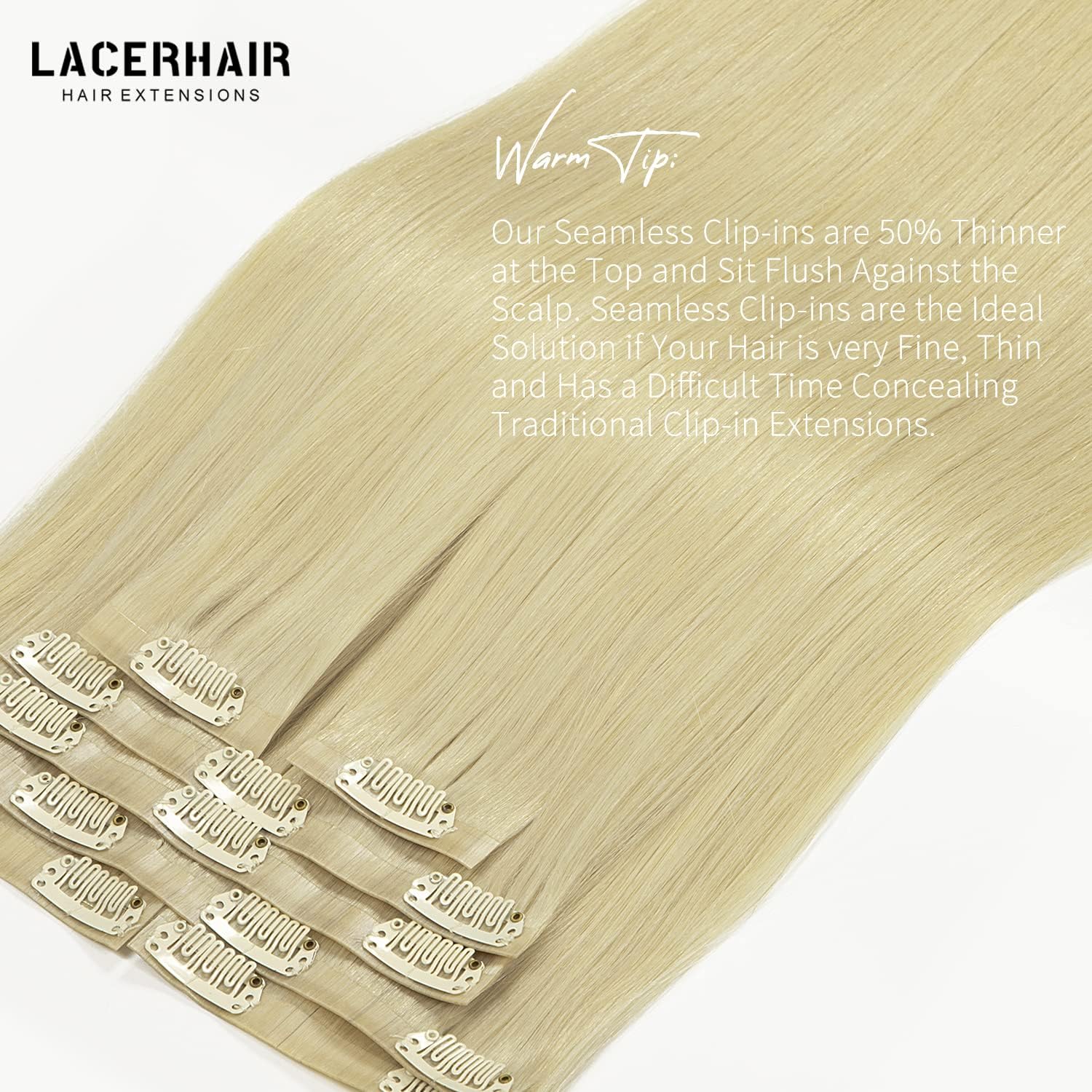 Lacer Hair Invisible Hair Extensions Clip In Human Hair Seamless #60 Bleach Blonde Clip In Hair Extensions For Women Clip In 110