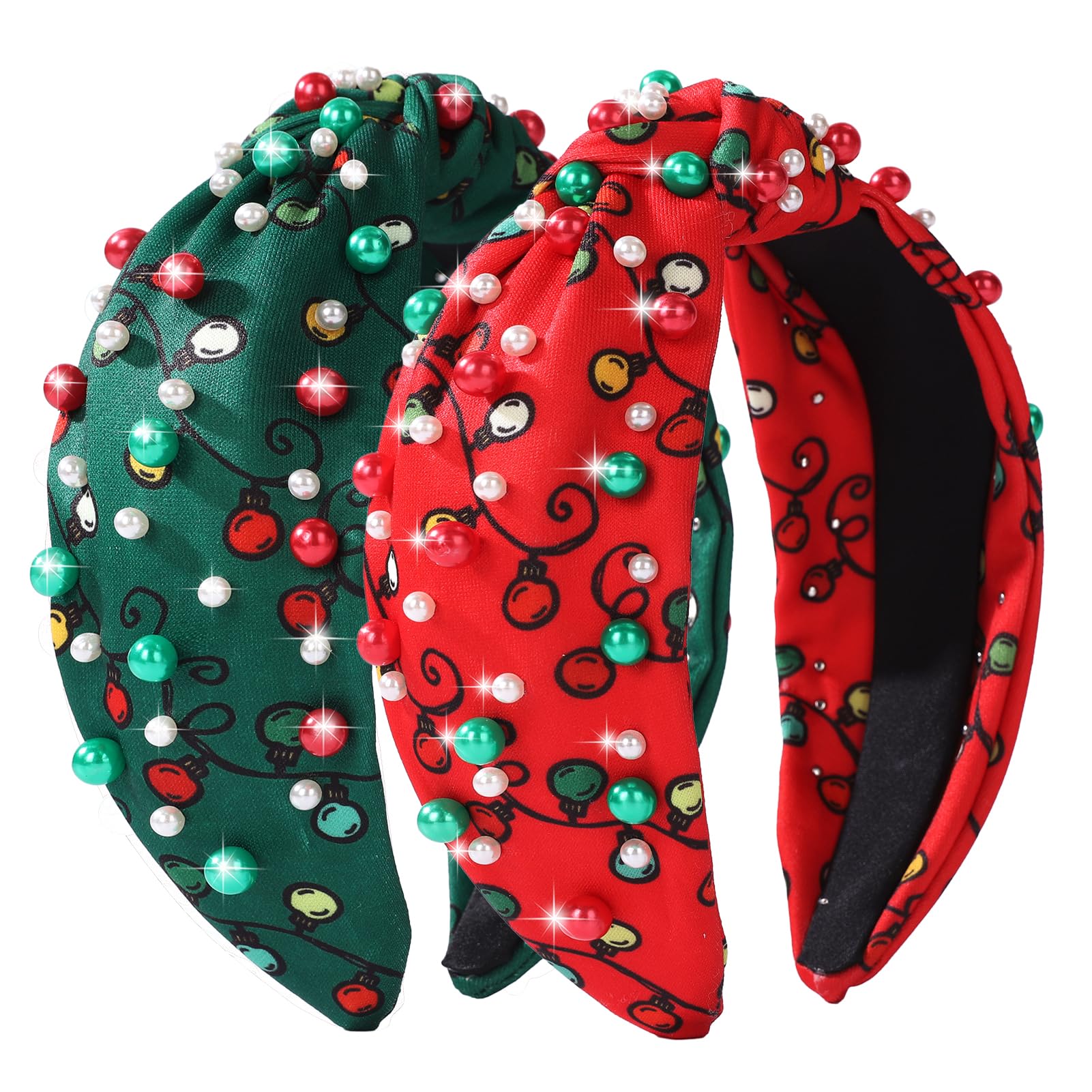 winthrop Christmas Headbands for Women, 2 Pack Red Green High Crown Knot Headbands with Ornament Light String Pattern and Red Gr