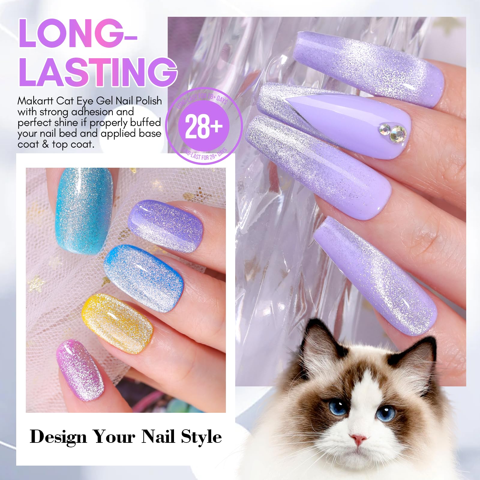 Makartt Holographic Cat Eye Gel Nail Polish,Universal Silver Glitter Nail Polish Shiny Glitter Nail Gel With Magnet Stick Shiny