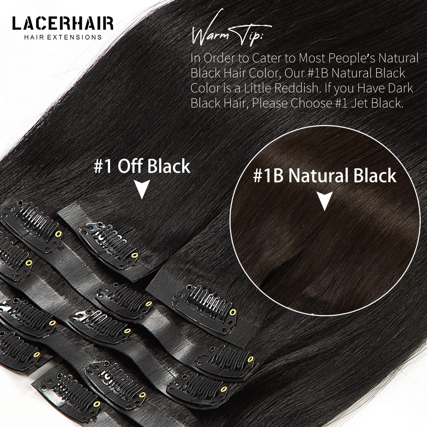 Lacer Hair Glam Seamless Clip in Hair Extensions Natural Off Black Human Hair Extensions 110g 7pcs 20 Inch Clip in Human Hair wi