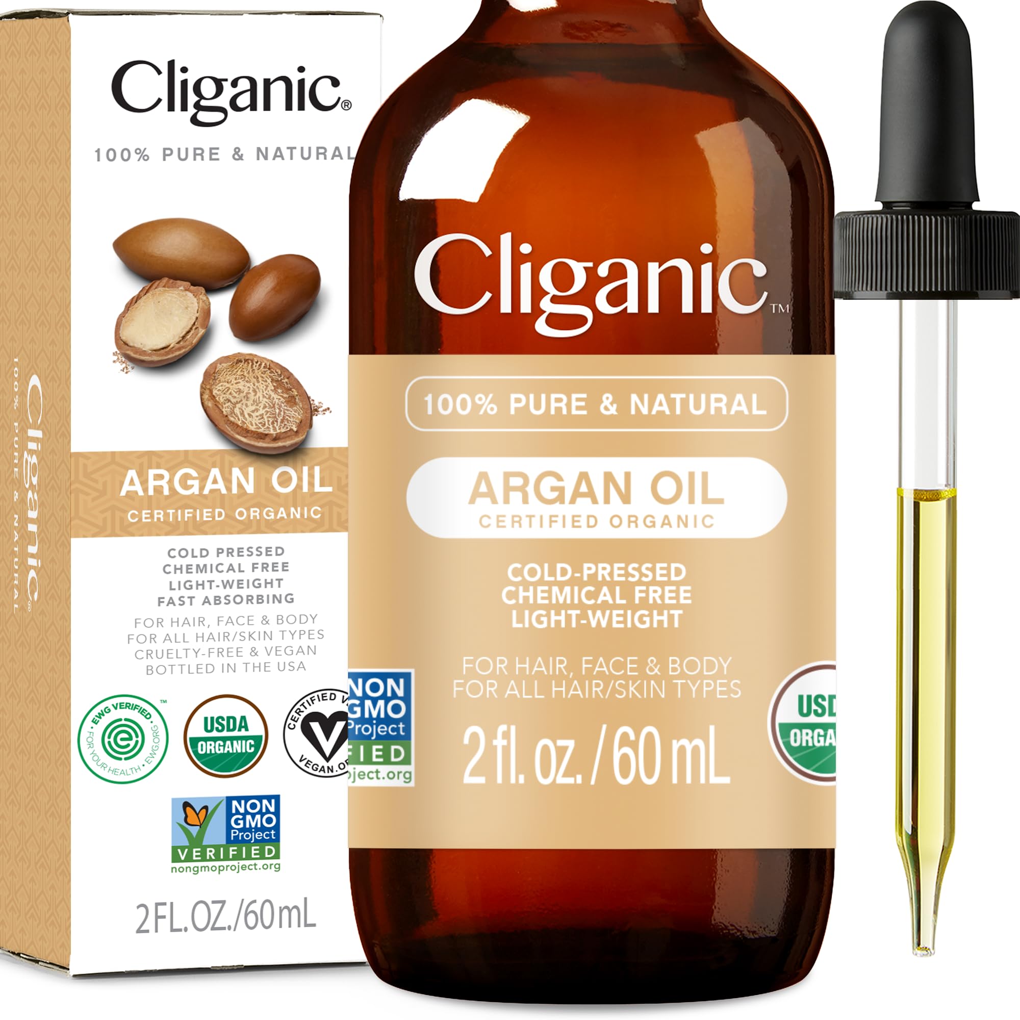 Cliganic Organic Argan Oil 16Oz With Pump, 100% Pure | Bulk For Hair, Face & Skin