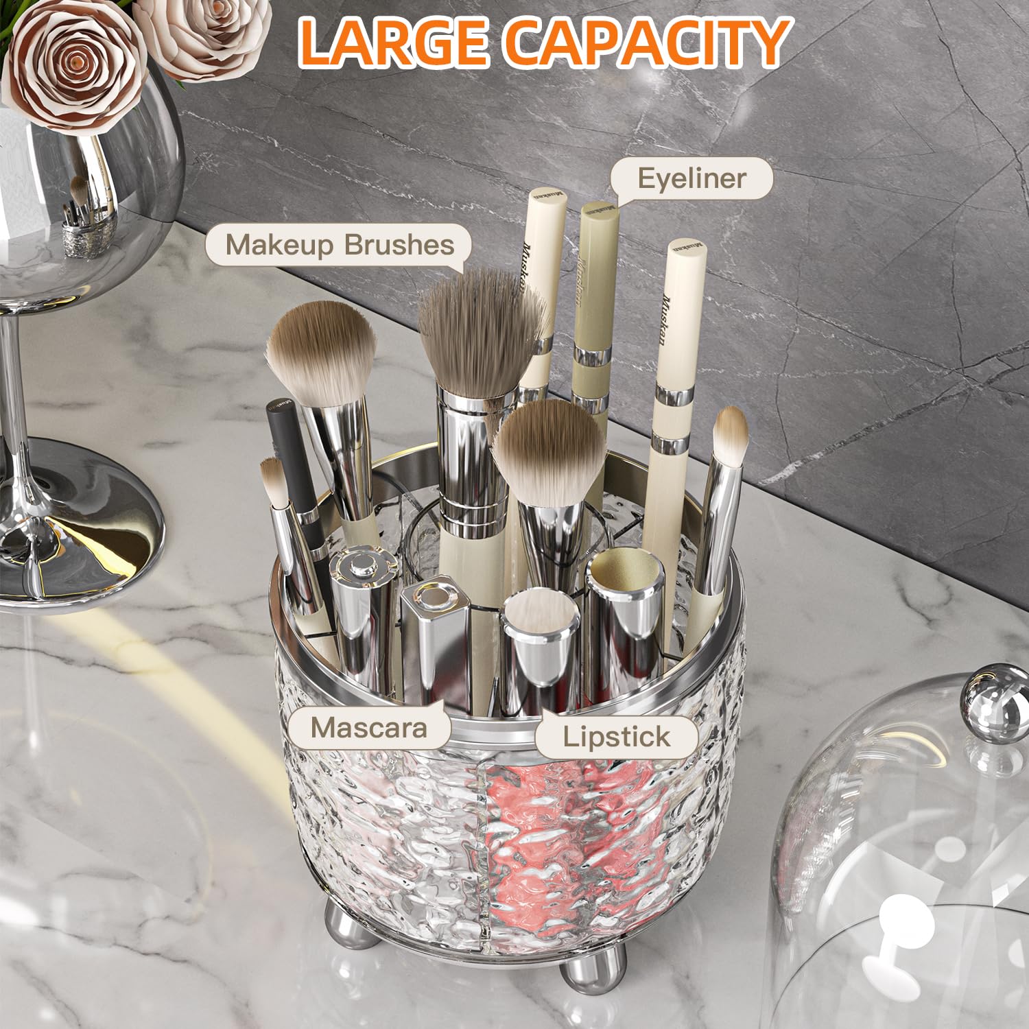 J Warrior Makeup Brush Holder With Lid 360 Rotating Dustproof Cosmetic Tools Organizer With Cover For Vanity, Dustproof Spinning