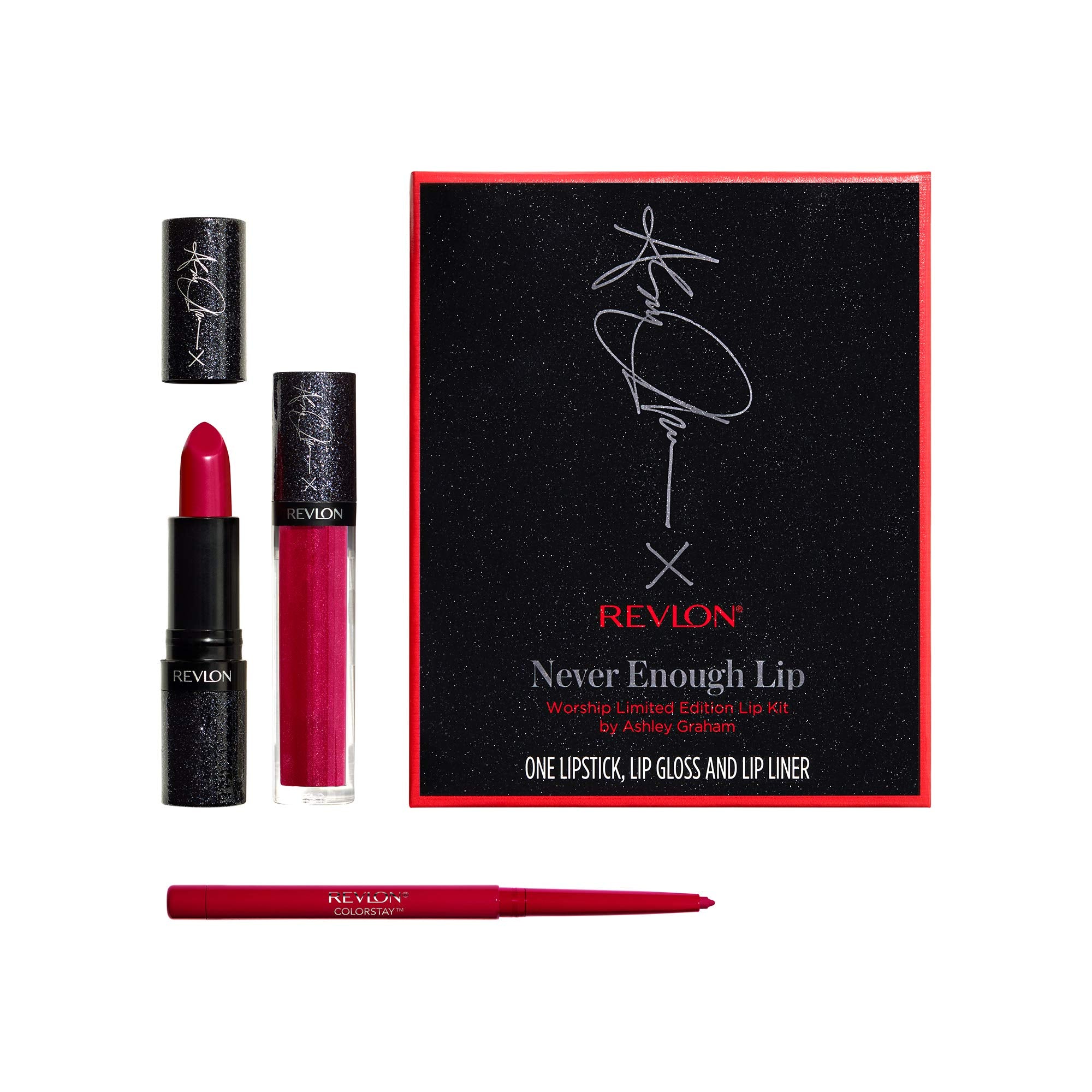 Revlon Never Enough Lip, Worship Limited Edition Lip Kit by Ashley Graham, 3 Piece Kit with Lipstick, Lip gloss, Lip liner, 1 Se
