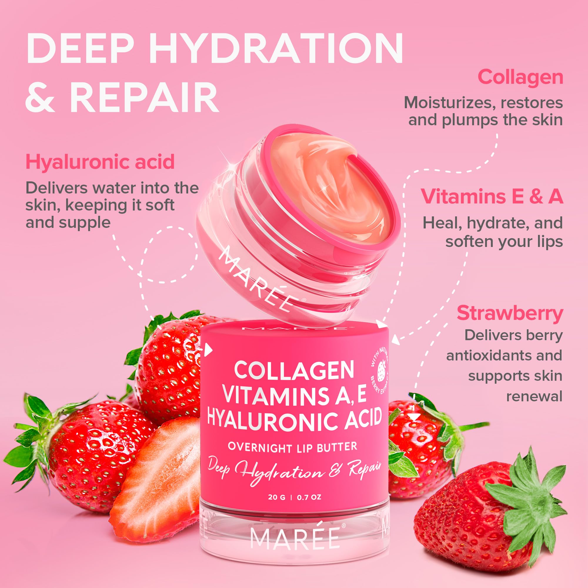 MAREE Lip Mask - Hyaluronic Acid Overnight Butter Balm for Dry Lips - 0.7 Ounce - Strawberry