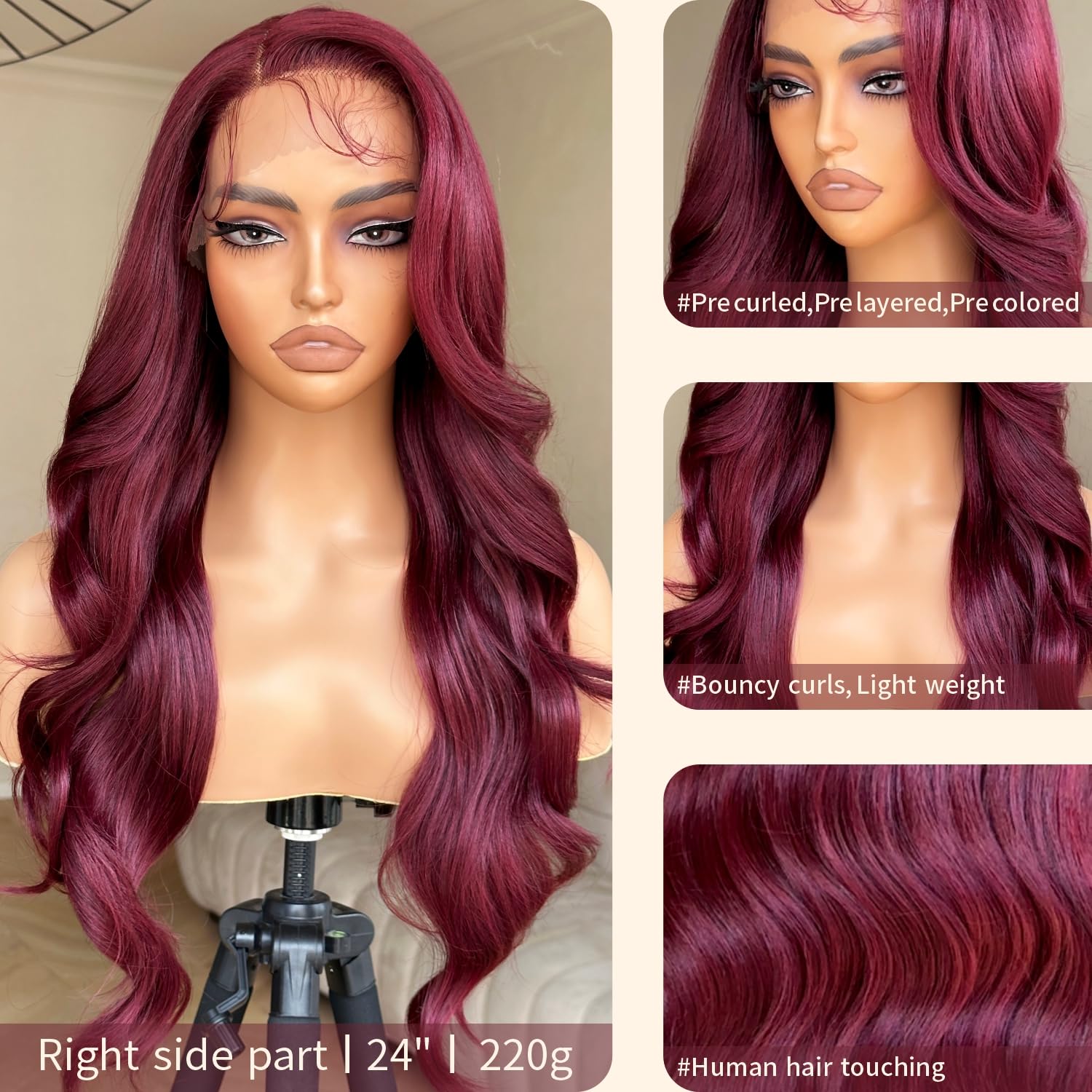 BrownBomb Burgundy Lace Front Wigs 99j Burgundy Synthetic Lace Front Wig Pre Plucked Ready to Wear Glueless Wigs, 13X5X1 Body Wa
