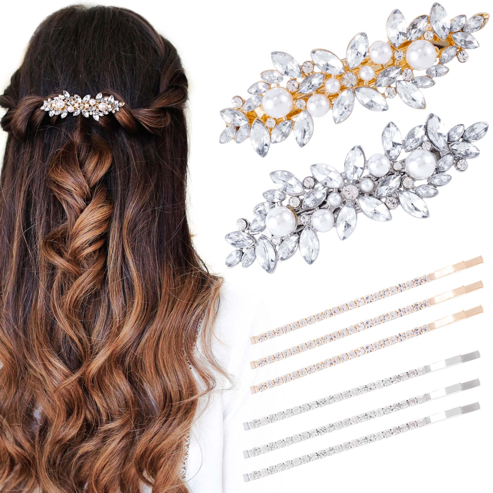 HINZIC 2Pcs Pearl Hair Barrettes, 6Pcs Metal Bobby Pins Sparkly Rhinestone Hair Clips Decorative Wedding Prom Valentines Hair Pi