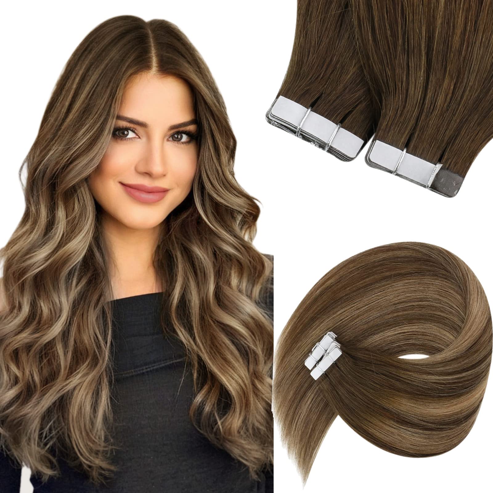 Tape In Hair Extensions Human Hair Brown Balayage Sunny Tape In Natural Hair Extensions Chocolate Brown Ombre Caramel Blonde Mix