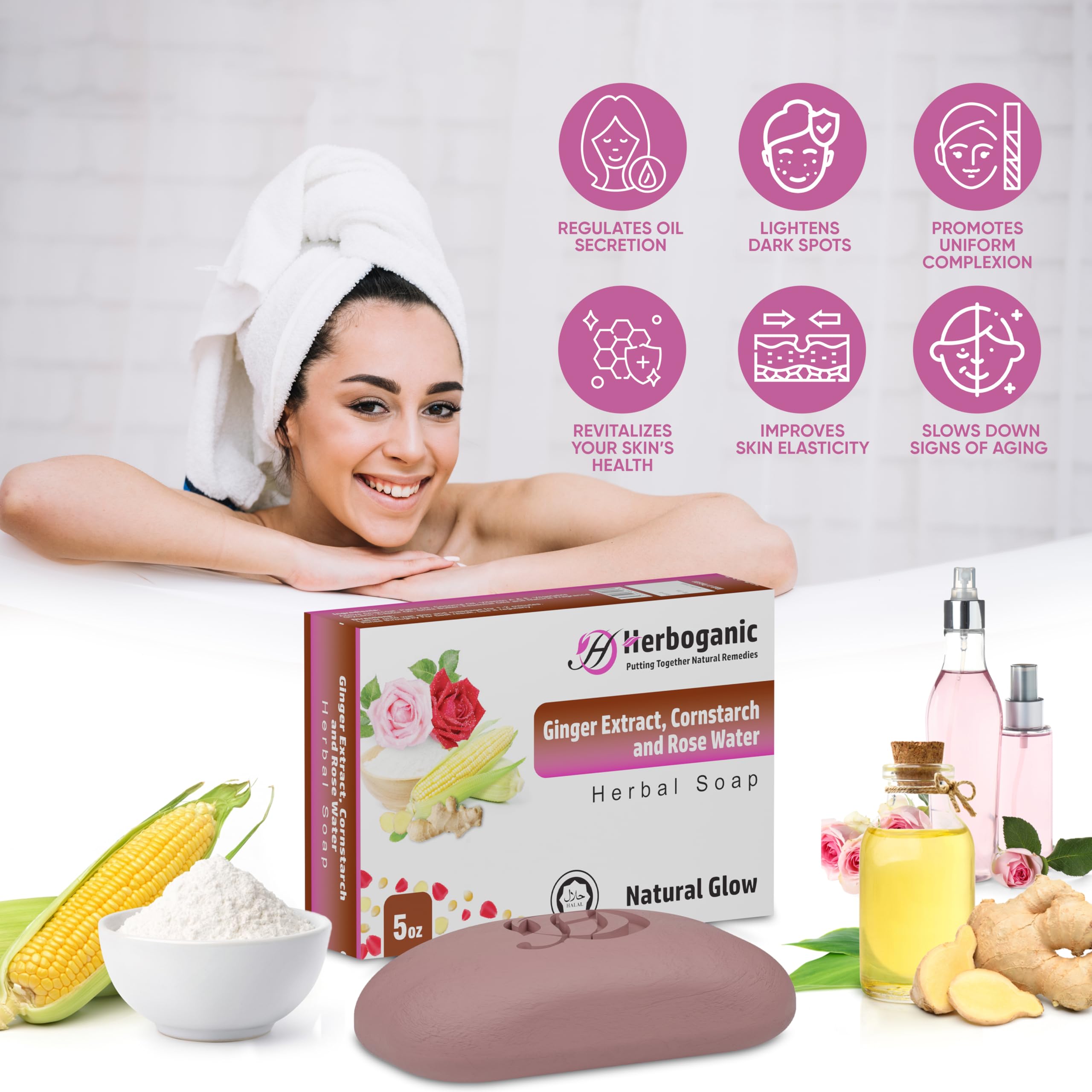 HERBOGANIC Ginger Extract, Cornstarch and Rose Water Herbal Soap | Pack of 3 of 5oz soap Bar | Natural Bar Soap for Face and Bod