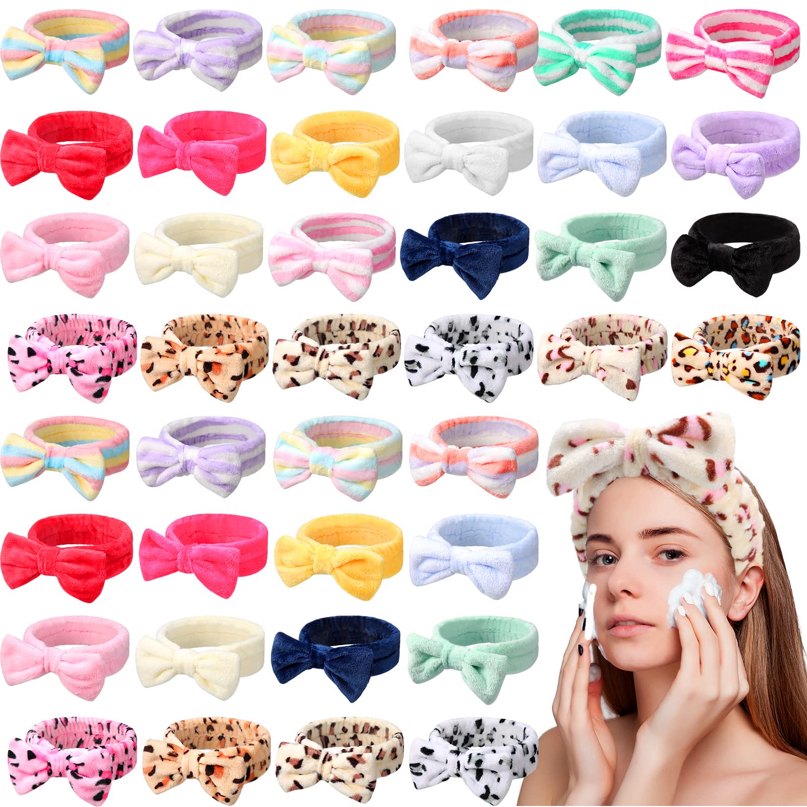 Giegxin 48 Pieces Spa Headband Bulk Bow Hair Band Facial Makeup Headbands Fluffy Plush Headband For Women Washing Face Spa Showe