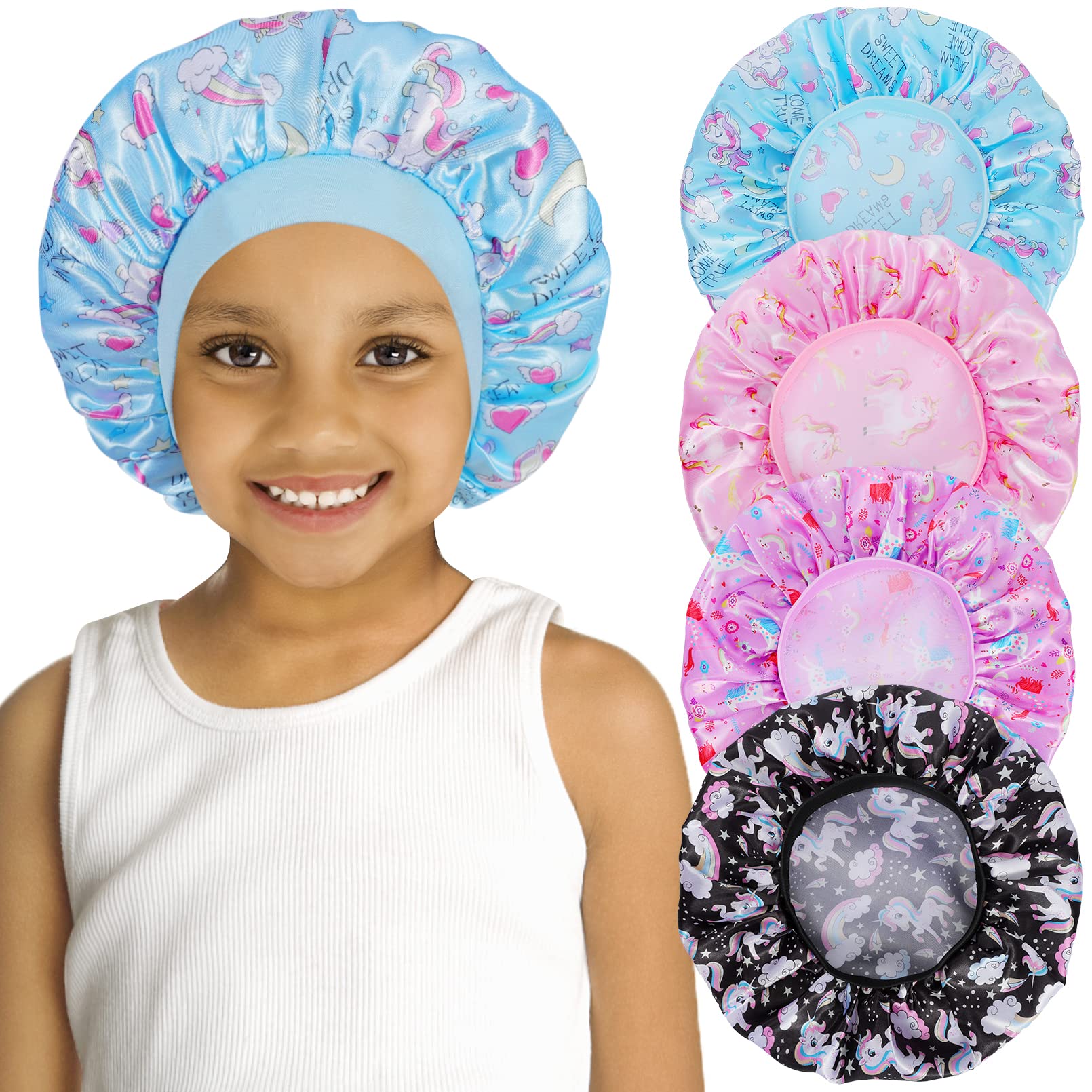 COCPOK 4PCS Kids Satin Bonnet Child Sleeping Cap, Soft Silk Bonnet, Unicorn
