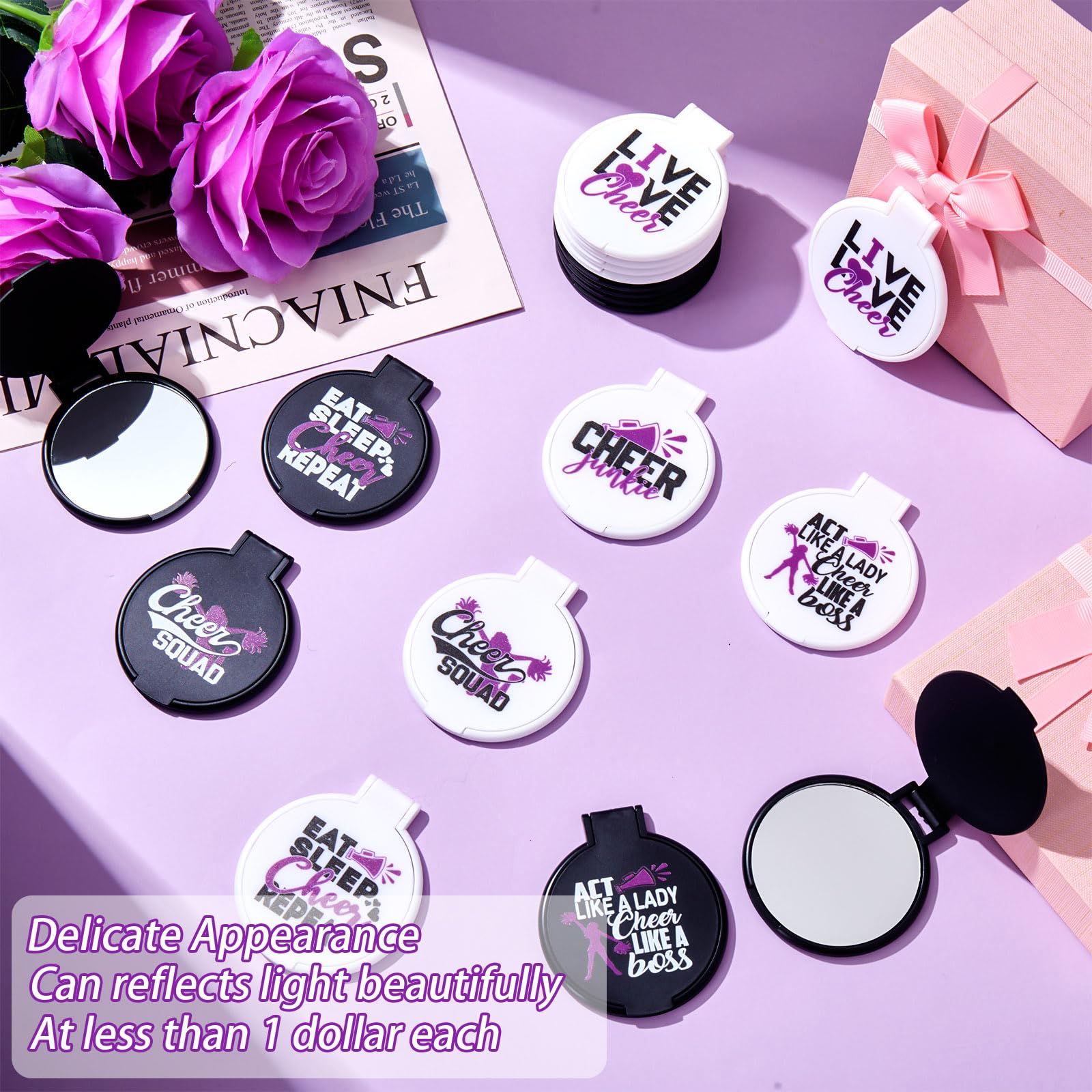 Wenqik 50 Pcs Cheerleader Mirror Gifts Cheerleading Compact Mirror Bulk Folding Pocket Mirror Cheer Party Favors For Team(Purple