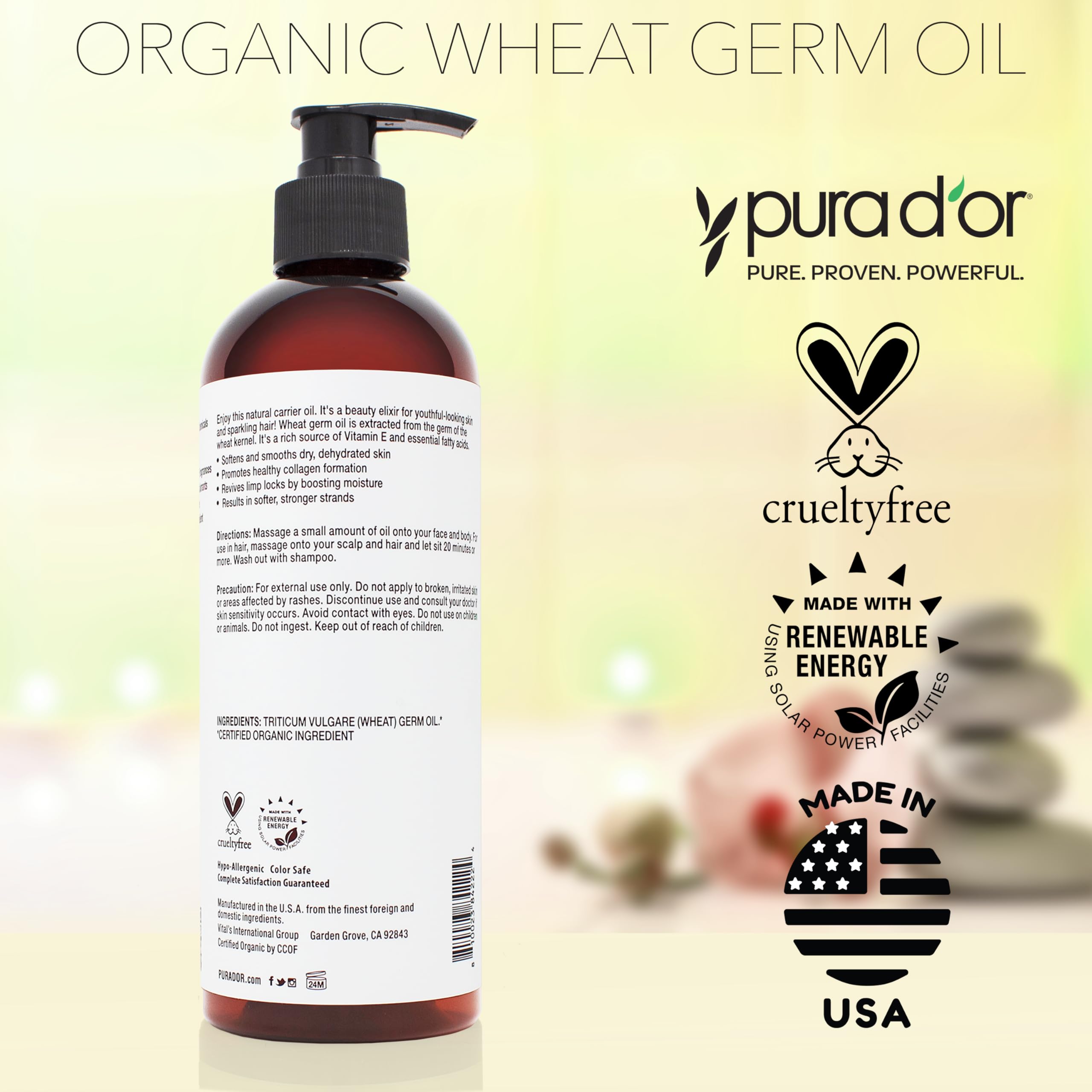 Pura D'Or Organic Wheat Germ Oil (16 Oz X3 = 48 Oz) 100% Pure & Natural Usda Certified Cold Pressed Carrier Oil - Vitamin E Rich