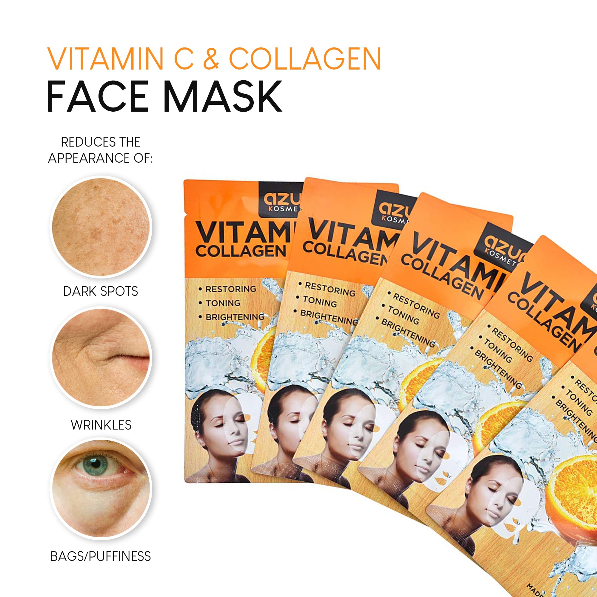 AZURE Vitamin C & Collagen Moisturizing Facial Mask- Anti Aging, Deeply Moisturizing & Firming - Brightening Mask, Improves Elas