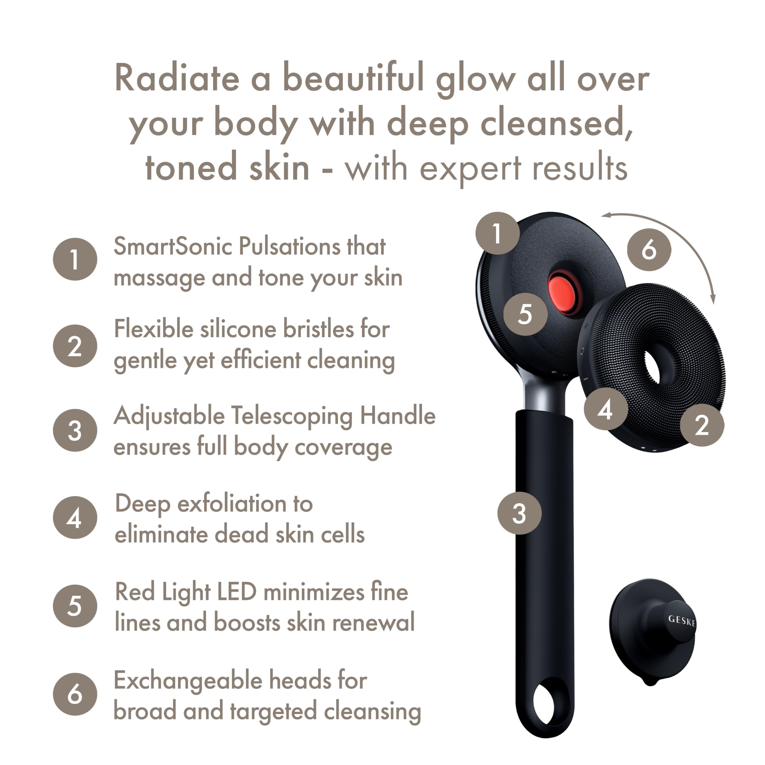 GESKE LED Sonic Full-Body Brush | 9 in 1 | Body Cleansing Brush & Intensive Exfoliator with LED | with SmartSonic Pulsations | E