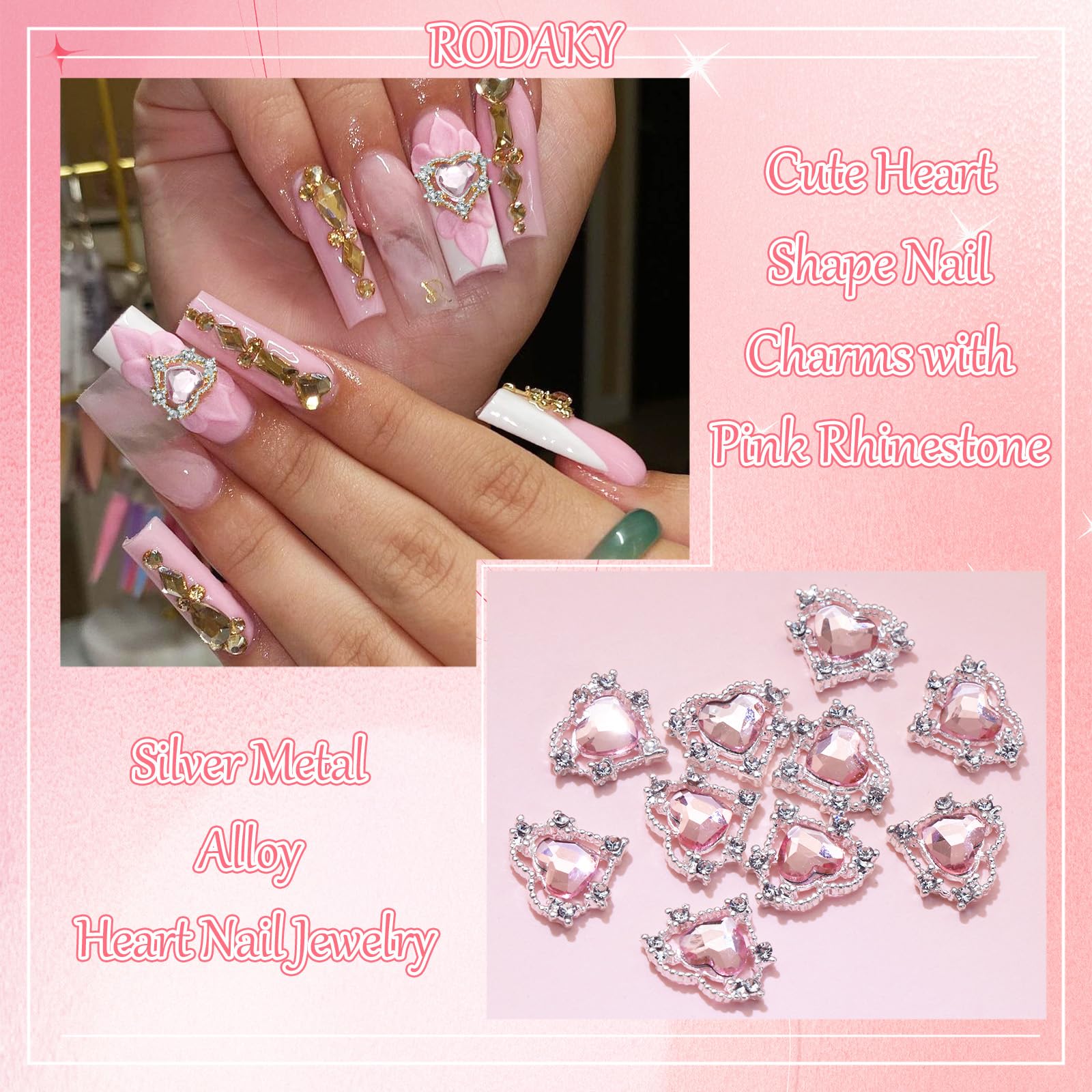 Rodaky 10Pcs Heart Nail Charms 3D Pink Heart Nail Art Jewelry With Rhinestones Shiny Nail Gems Cute Nail Decoration For Manicure