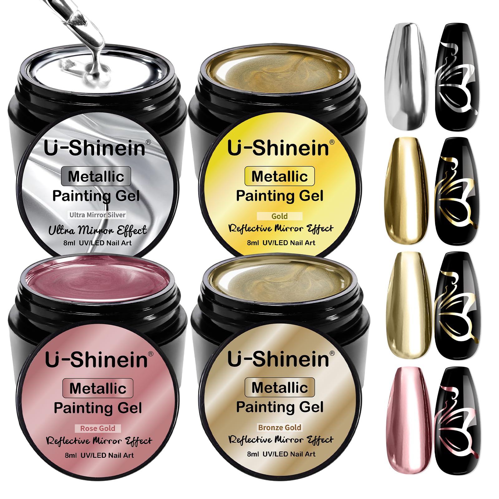 U-Shinein 4x8ml Metallic Painting Gel, Super silver mirror gold bronze gold rose gold mirror, 3D Metal Painting Gel Drawing Mirr
