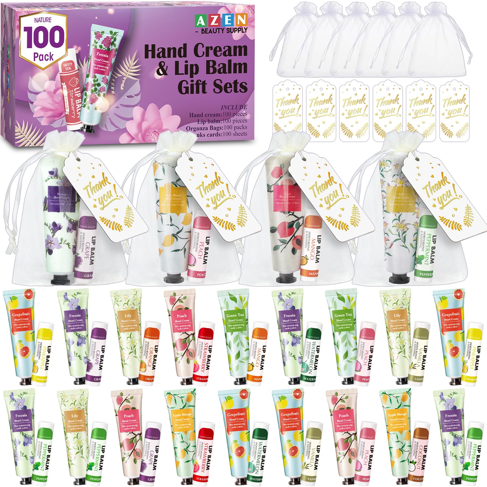 Azen 100 Sets Hand Cream Bulk And Lip Balm Bulk Set, Bridal Shower Gifts For Guests With Organza Bag Thank You Card, Thank You G