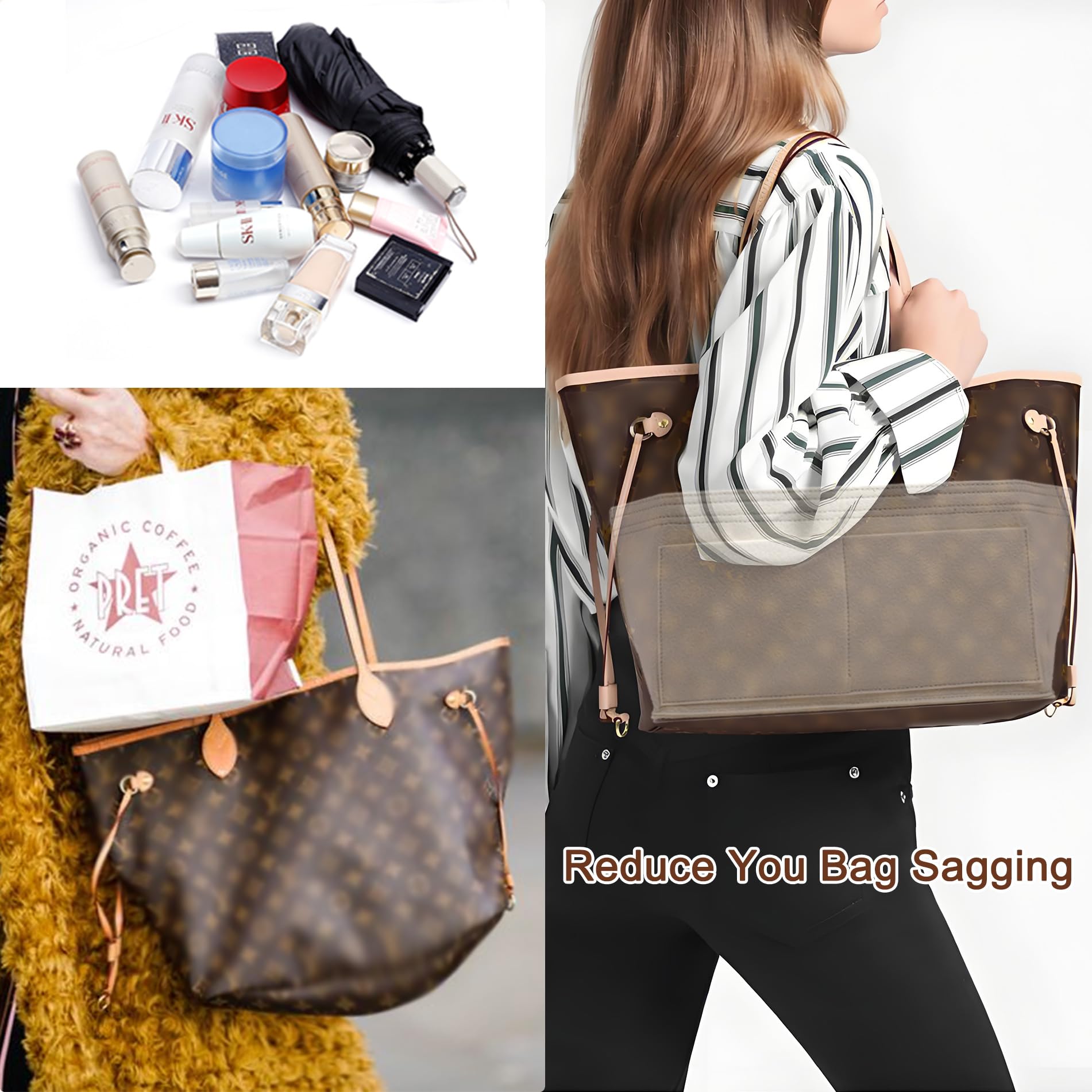 Doxo Purse Organizer Insert for Handbags & Base Shaper 2pc Set,Felt Organizer Insert Large Tote,Bag Organizer with Zipper 3 Size