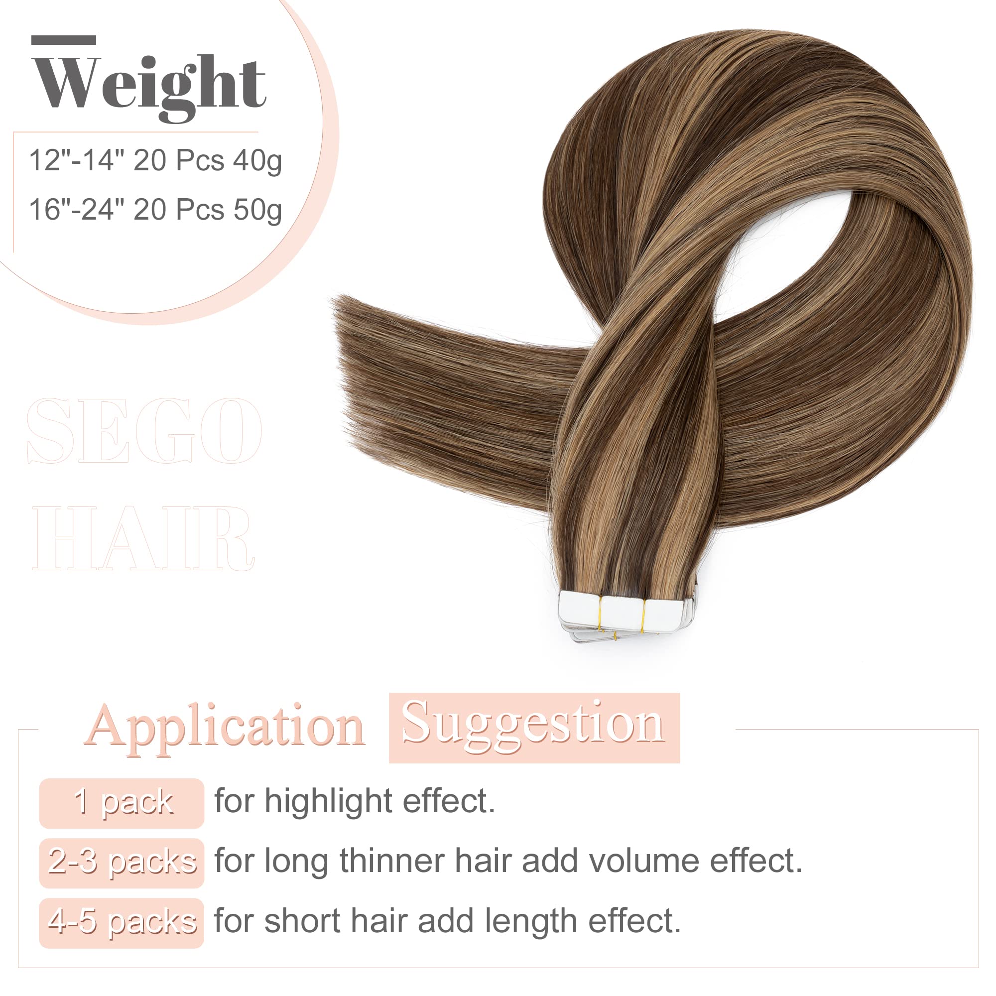 Sego 18 Inch Tape In Hair Extensions Human Hair 100G 40Pcs Straight Balayage 100% Remy Rooted Seamless Skin Weft Invisible Doubl
