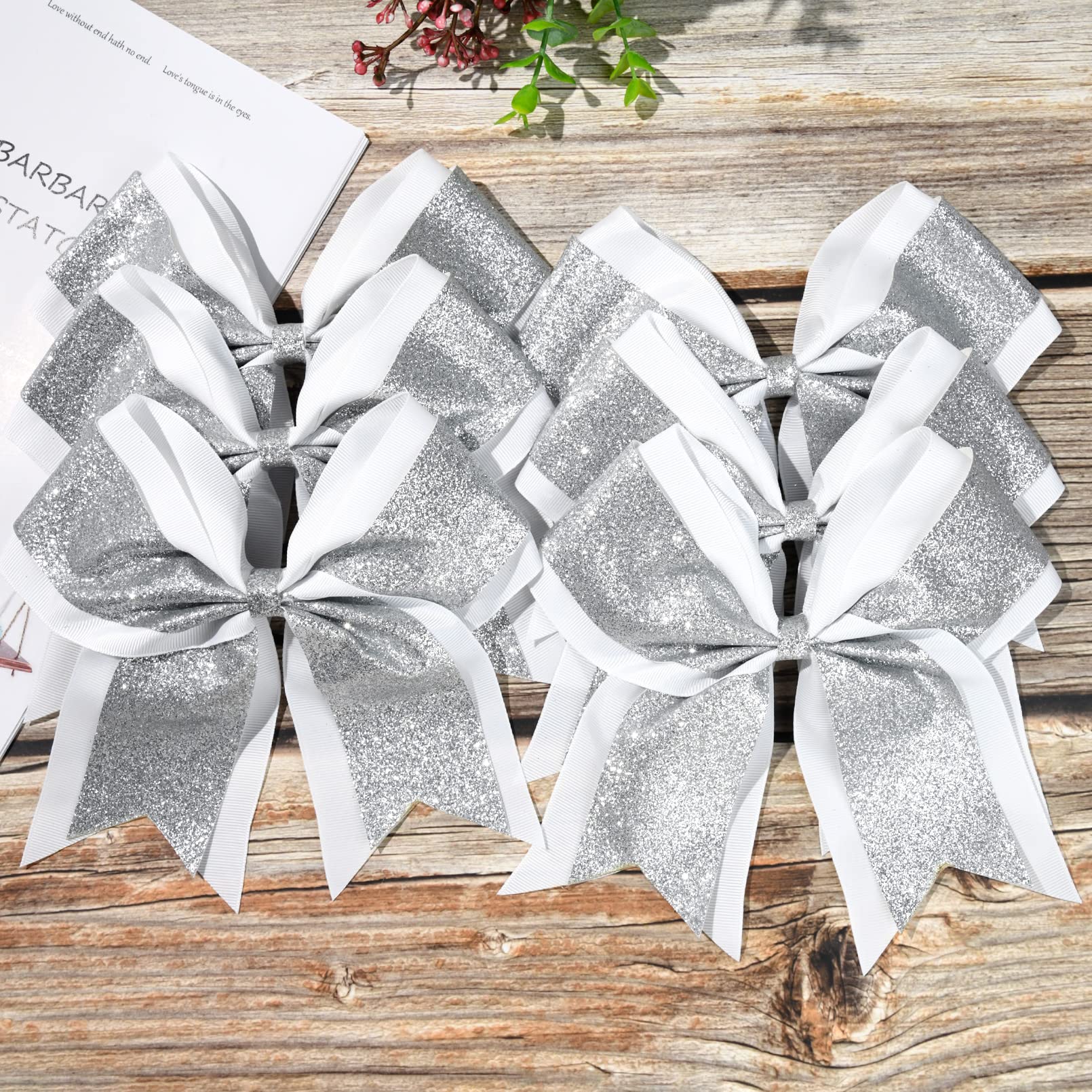 10Pcs 8 Large Glitter Hair Bows With Hair Ties For Girls - Silver Rhinestones Sequin, School Cheer Accessories For Teen Softball