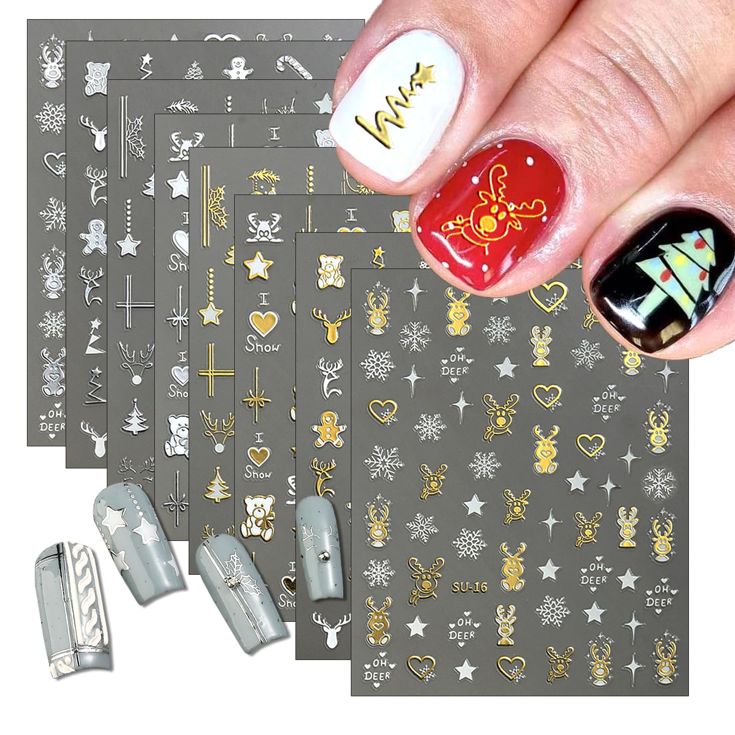 8 Sheets Christmas Nail Art Stickers 3D Metallic Nail Decals Elk Snowflake Xmas Tree Winter Xmas Nail Design Gold Silver Self Ad