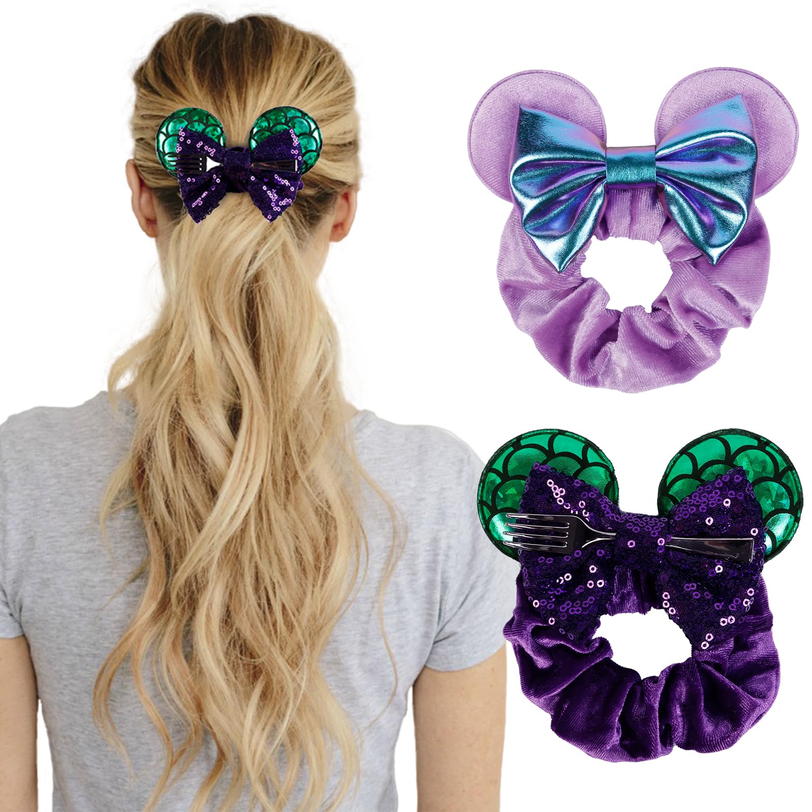 WOVOWOVO Mouse Ear Hair Scrunchies, 2 Count Mermaids Velvet Hair Ties for Ponytail, Cute Hair Accessories for Women and Girls, P