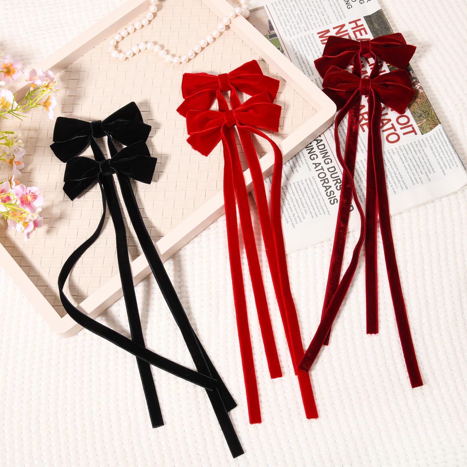 6Pcs Velvet Hair Bows Ribbon Hair Clip Ponytail Holder Accessories Slides Metal Clips Hair Bow For Women Girls Toddlers Teens Ki