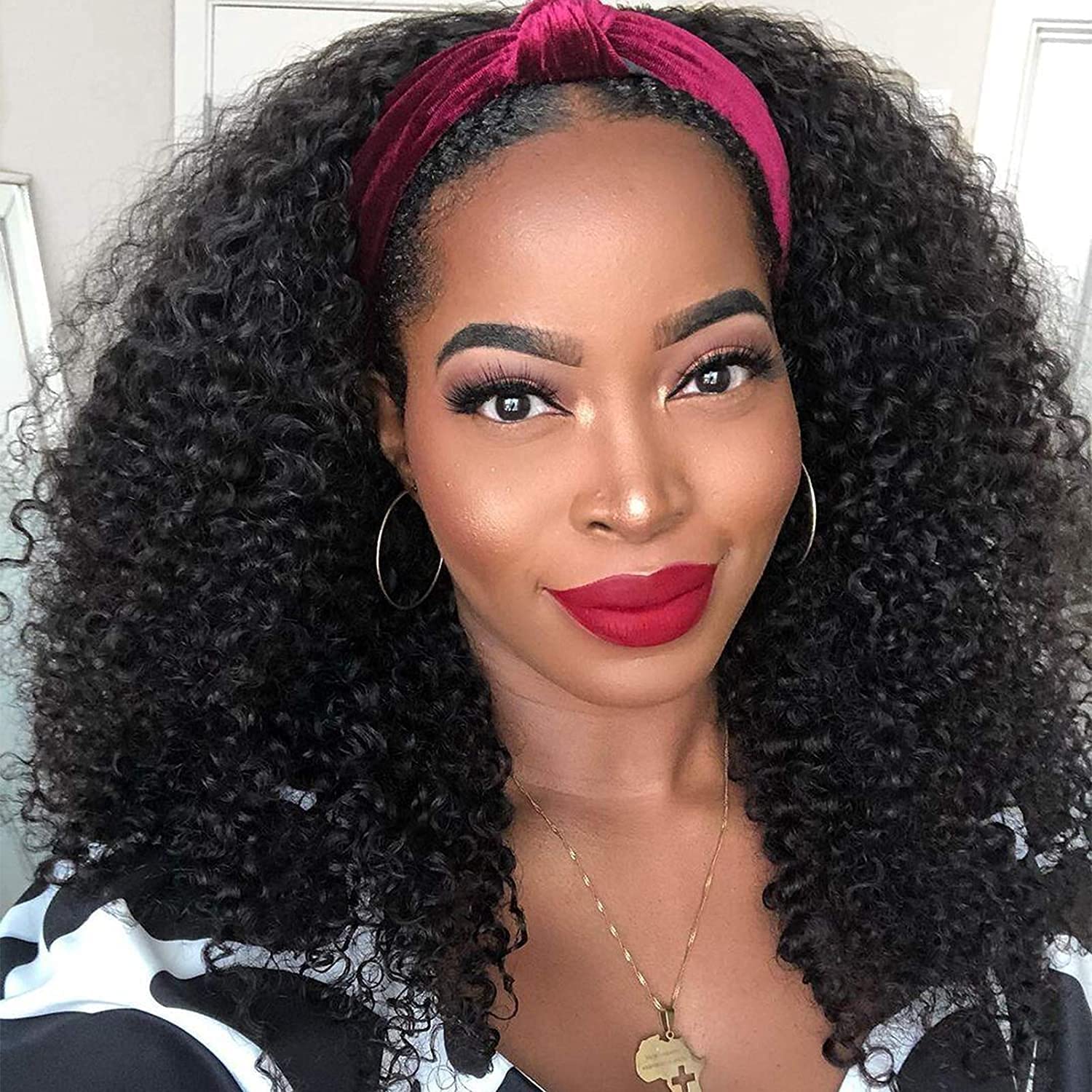 Nadula Hair Afro Kinky Curly Half Wigs Human Hair for African American Women, 100% Virgin Human Hair Headband Curly 3/4 Half Wig