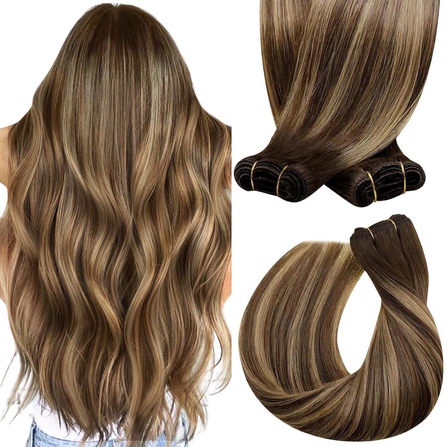 Sunny Hair Sew in Hair Extensions Real Human Hair 24 Inch Balayage Weft Hair Extensions Dark Brown Mix Caramel Blonde Sew in Bun