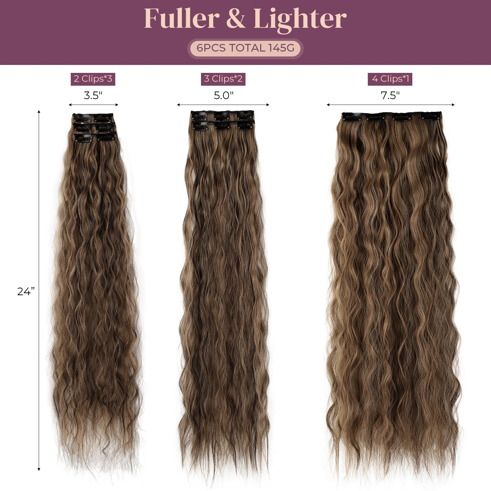 Lonai Clip In Hair Extensions, 6Pcs Curly 24'' Long Synthetic Clip On Hairpiece For Women