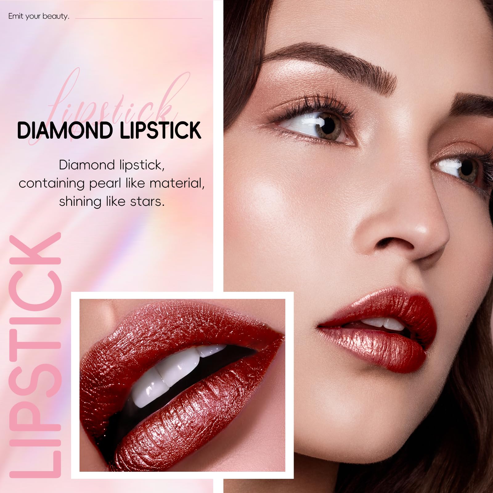 Hosaily Metallic Red Lipstick Long Lasting, High Shine Glitter Diamond Creamy Lipstick Transfer Proof, Shimmer High Impact Lip C