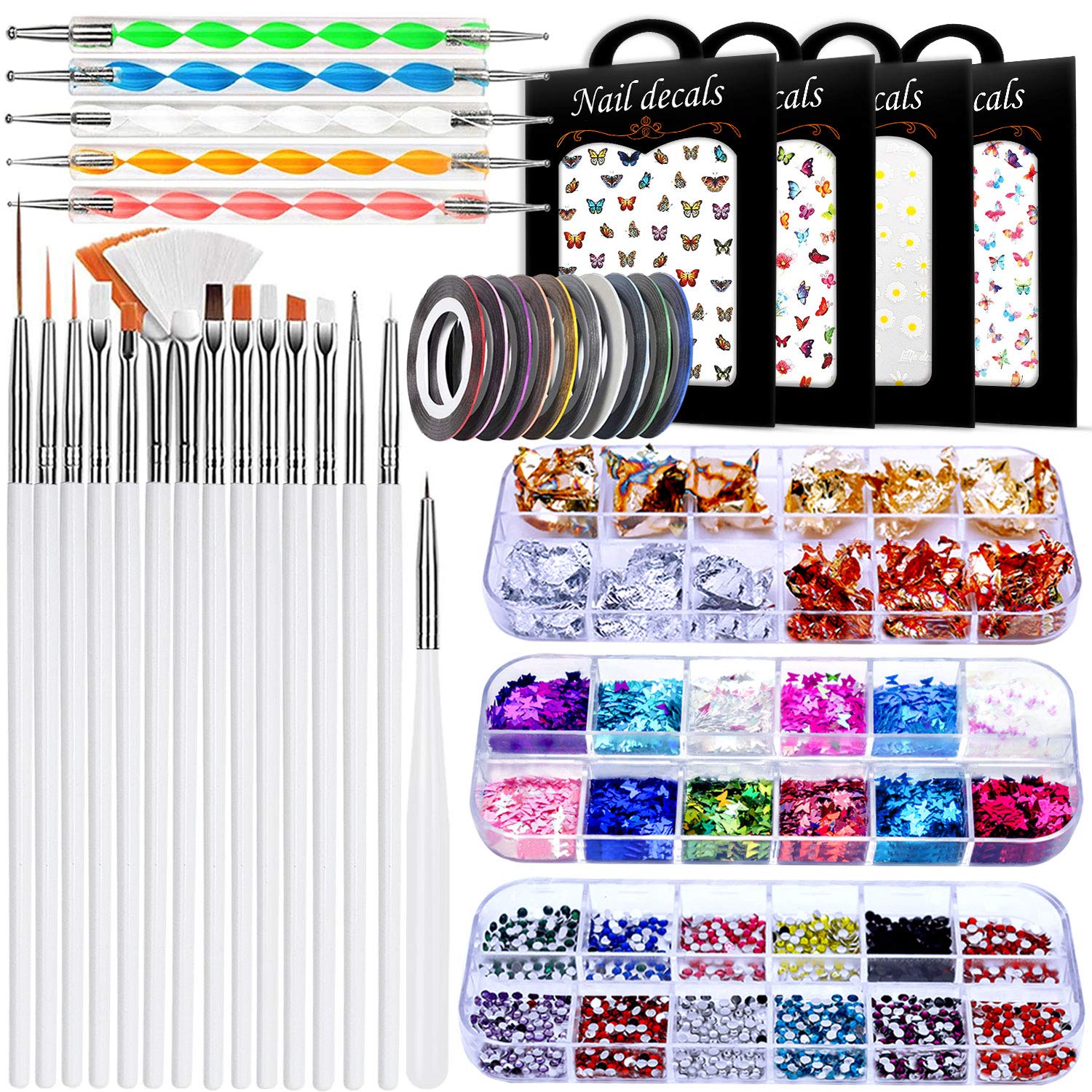 Joyjuly Nail Art Brushes Kit, 3D Nail Art Decorations Kit With Nail Dotting Tools Butterfly Nail Art Glitters Stickers Nail Art