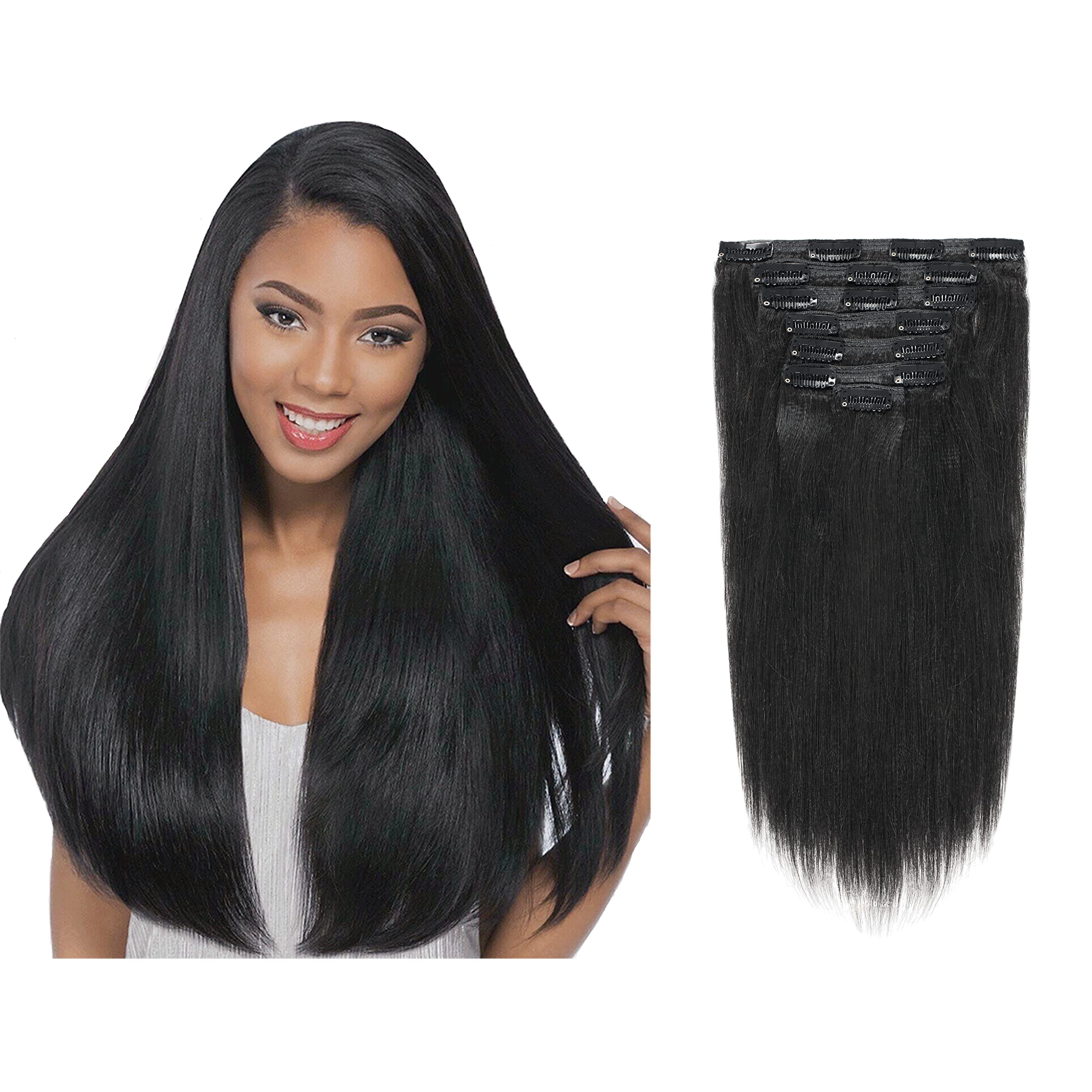 Lacer Yaki Straight Clip in Hair Extensions, Jet Black Yaki Human Hair Clip ins 20 inch 7 Pieces Per Set 120 Gram For Black Wome