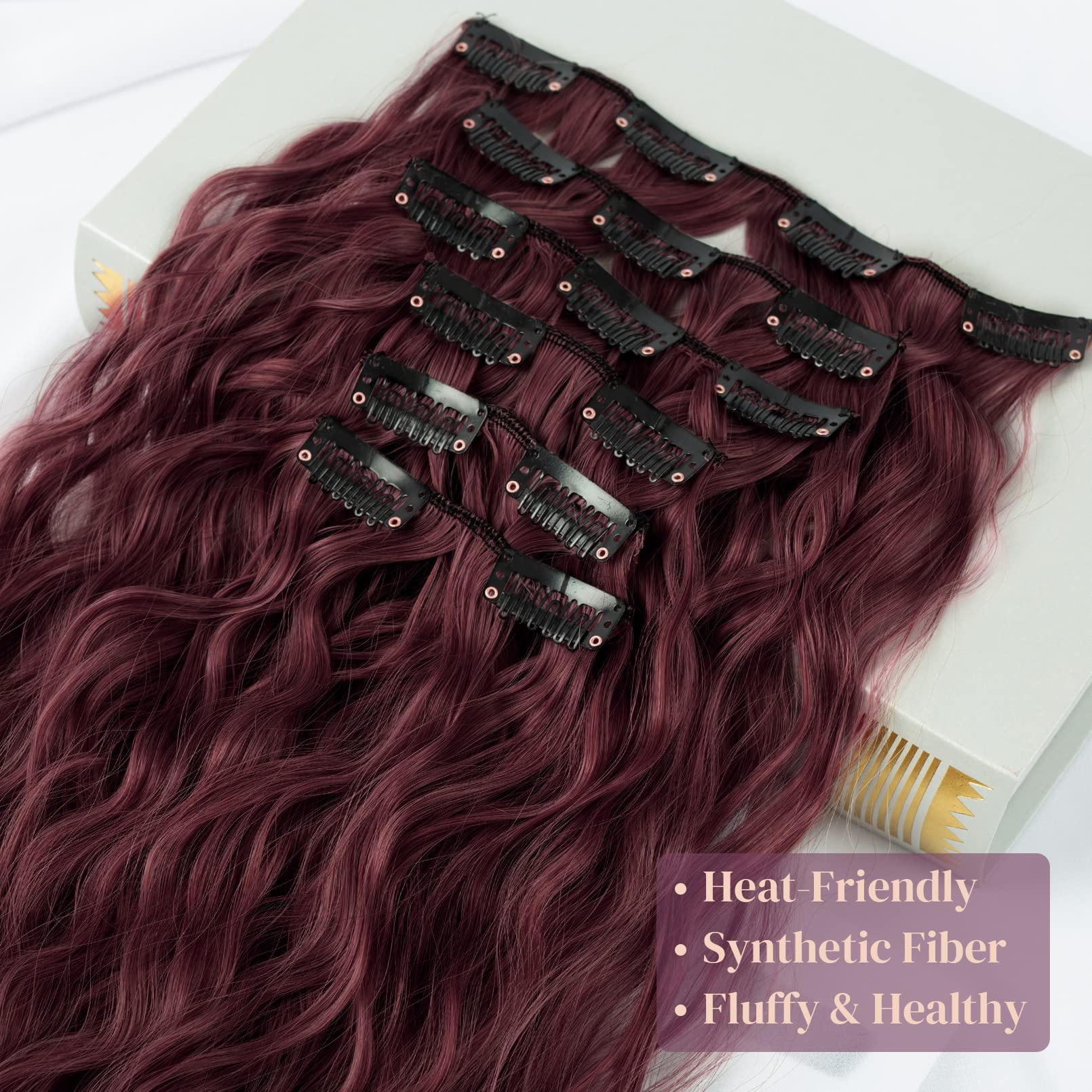 LONAI Clip In Hair Extensions, 6PCS Curly 24 '' Long Synthetic Clip On Hairpiece For Women-Burgunry
