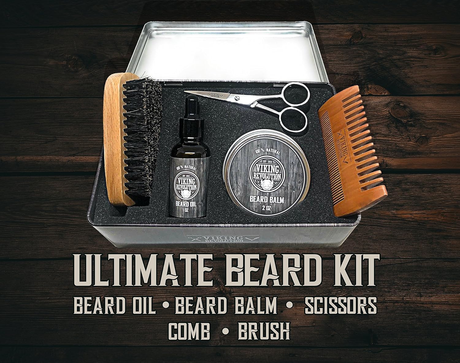 Viking Revolution Beard Care Kit For Men - Kit Includes 100% Boar Beard Brush, Wooden Comb, Beard Balm, Beard Oil, Beard & Musta