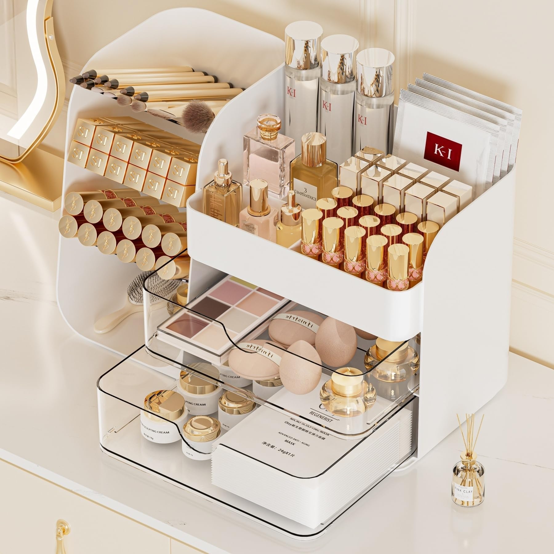 Makeup Organizer with Brush Holder for Vanity,Countertop Makeup Organizer with Drawers,Spacious Cosmetic Display Case,Perfect St