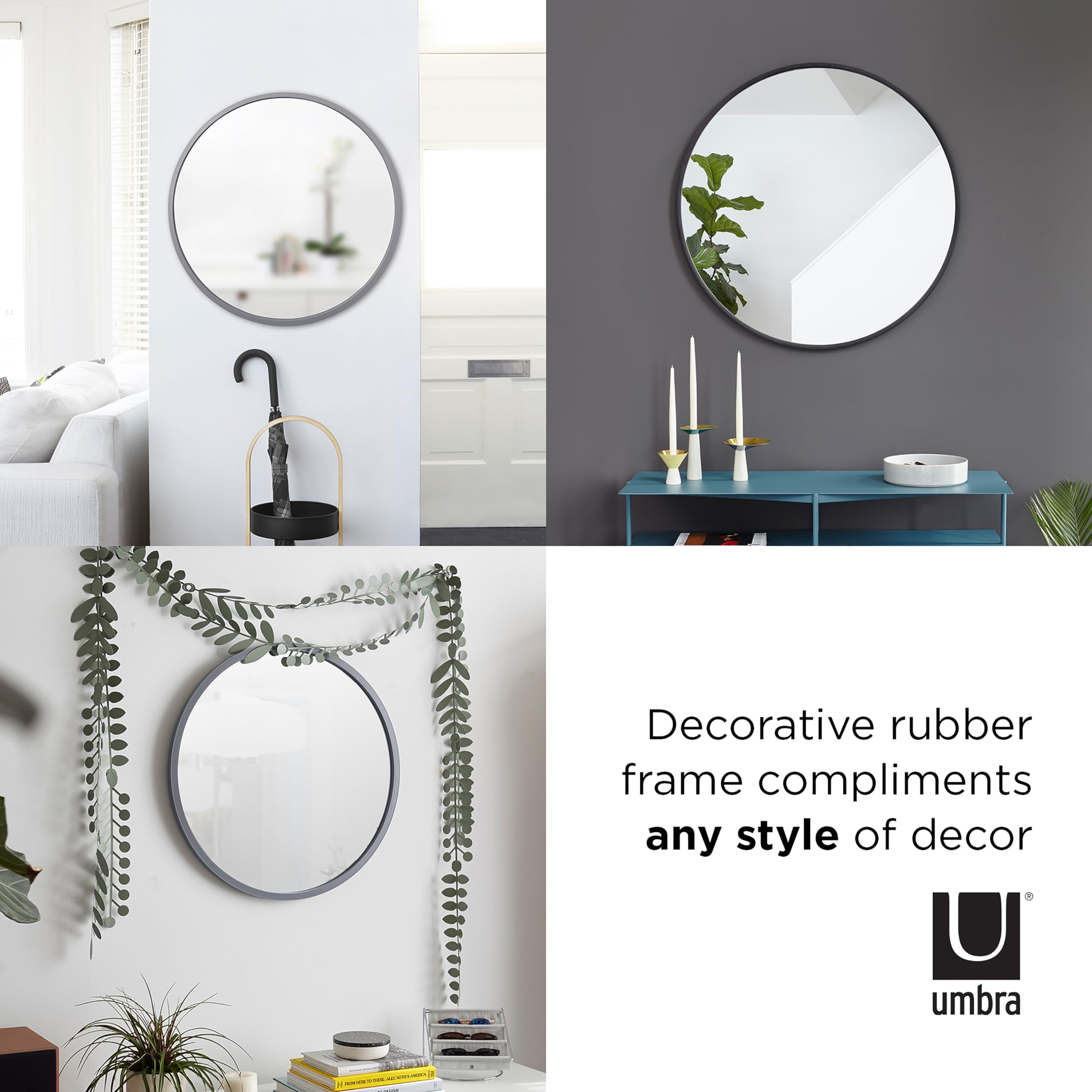 Umbra Hub Round Wall Mirror With Rubber Frame, Modern Style For Bathroom, Entryway, Living Room And More, 37-Inch, Black