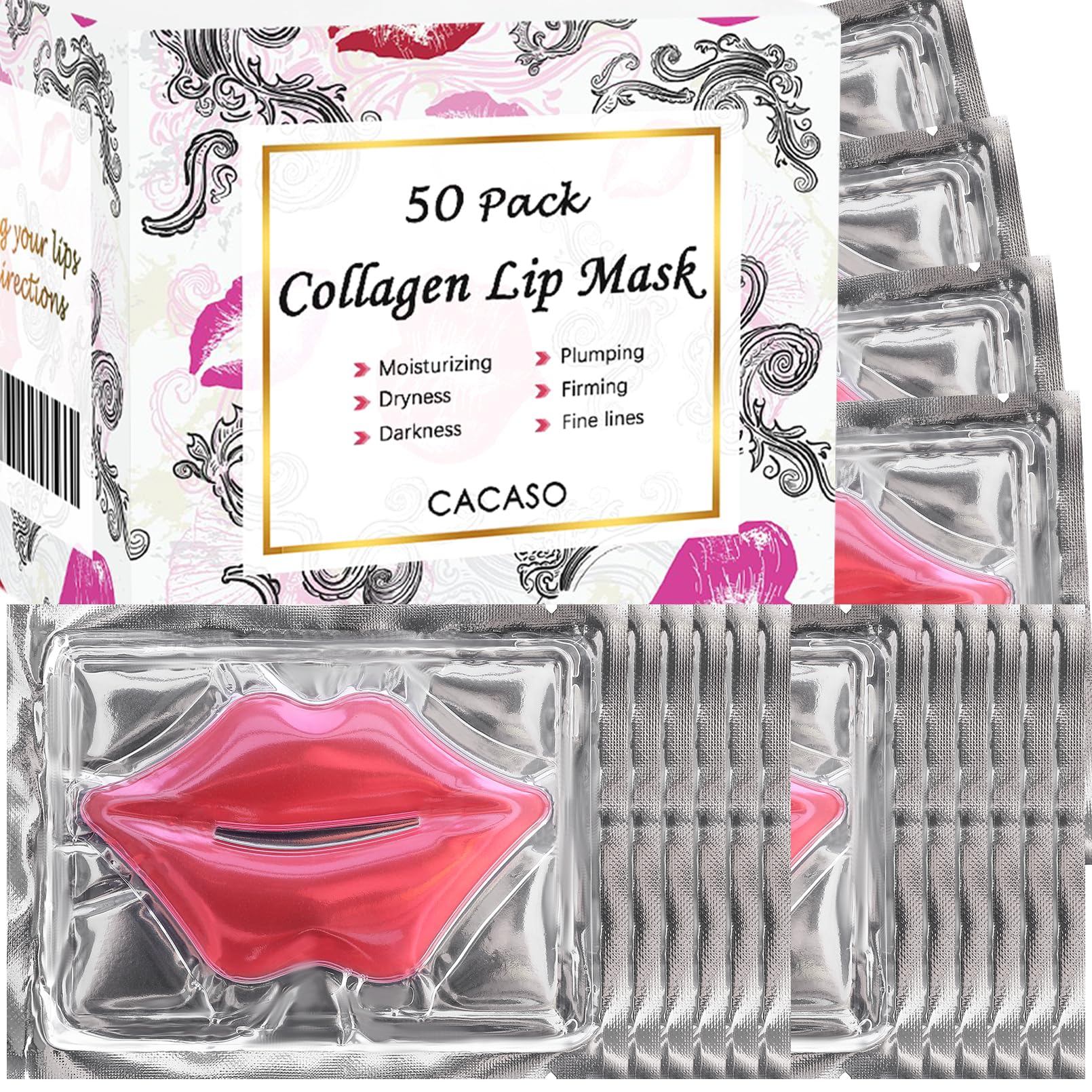 Cacaso 50 Pcs Collagen Crystal Lip Masks,Lip Mask Sheet,Moisturizing Lip Mask,Lip Sheet Mask,Pink Lip Care Pads Mask For Dry Lip