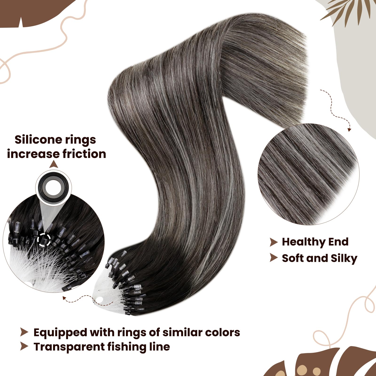 Hetto Micro Loop Hair Extensions Real Human Hair Pre Bonded Micro bead Hair Extensions Off Black Ombre to Silver with Black Micr