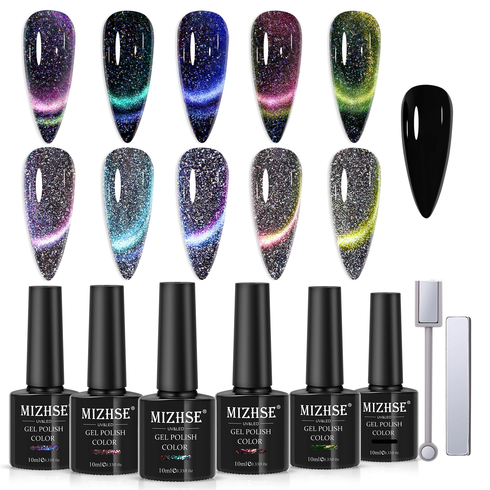 Mizhse Reflective 9D Cat Eye Gel Nail Polish, Glitter Magnetic Gel Polish Set With 2 Magnet Sticks, Chameleon Magic Effect Holog