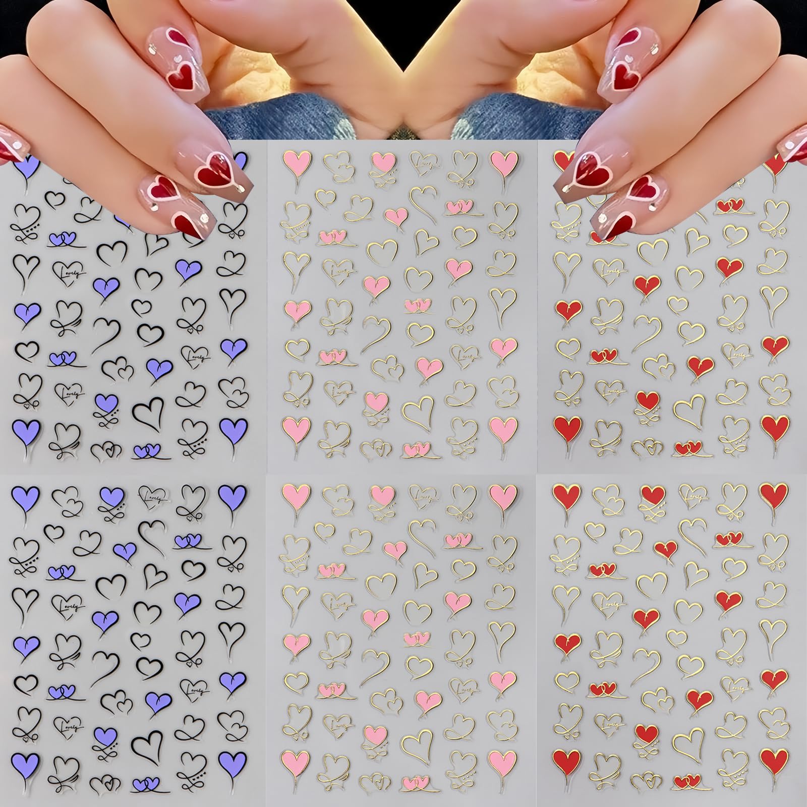 6 Sheets Heart Nail Art Stickers Love Hearts Nail Decals 3D Self Adhesive Pink Purple Red Heart Nail Design Stickers Valentine'S