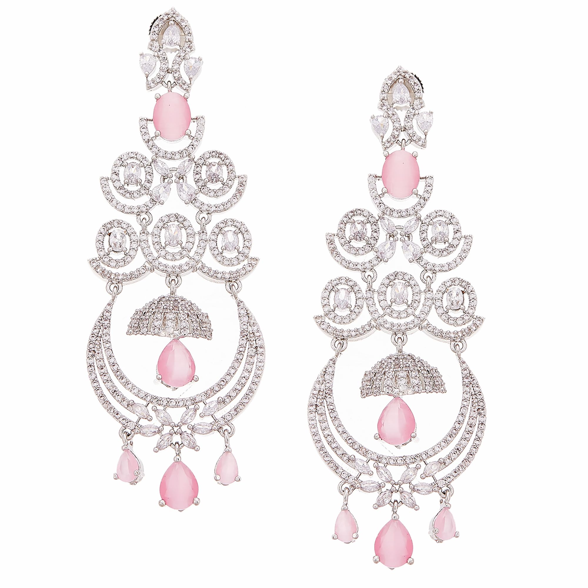 Zeneme Floral Shaped American Diamond Dangle Chandelier Earring For Women And Girls (Pink Rhodium)