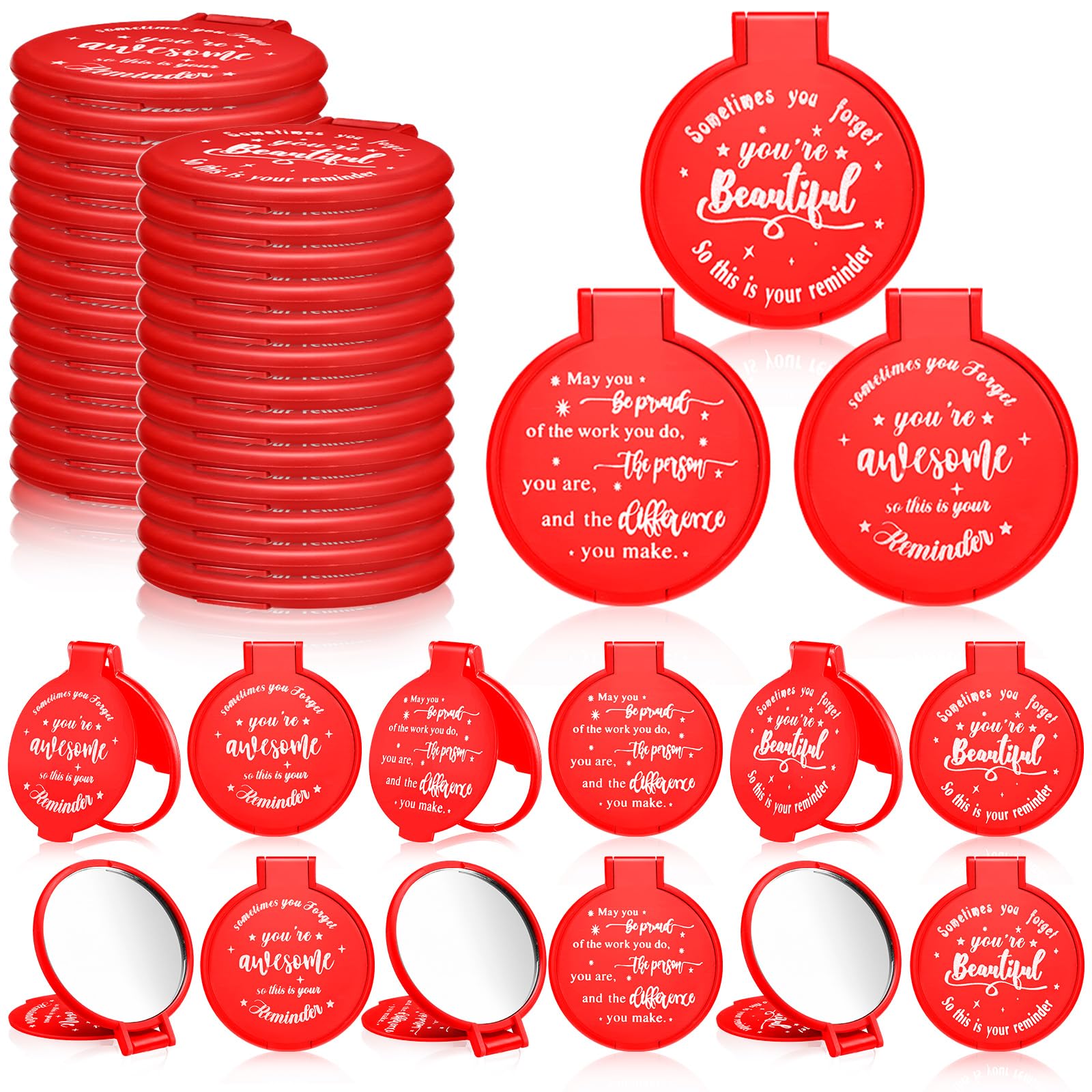 Wenqik 64 Pcs Compact Mirror Bulk Red Gifts For Women Valentine Small Inspirational Pocket Purse Handheld Mirror Portable Round