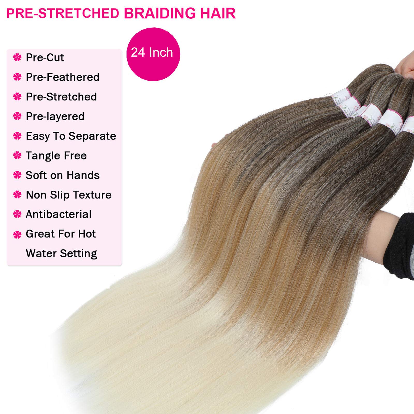 Pre Stretched Braiding Hair 24 Inch 8 Packs Prestretched Braiding Hair Bundles Long Brown/Blonde/White Three Tone Synthetic Croc