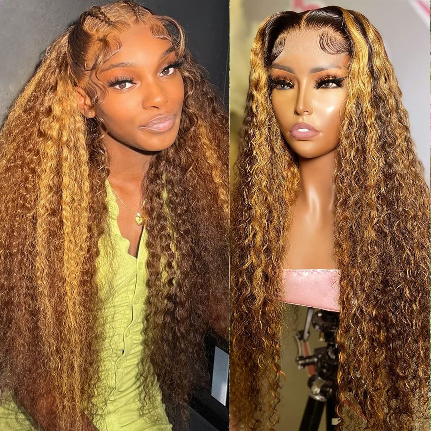 Juvid 30 Inch Highlight Lace Front Wigs Human Hair 180 Density Curly Ombre Honey Blonde 4/27 13X6 HD Transparent Lace Front Wig 