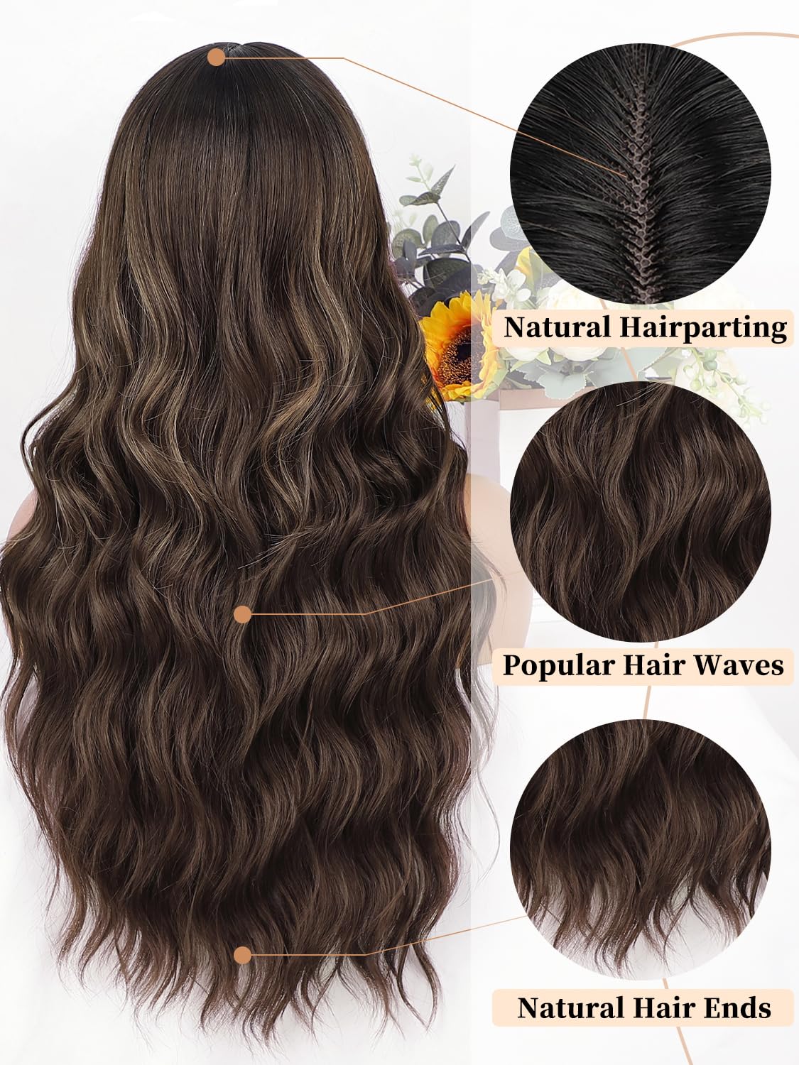 Aisi Queens Brown Wig With Bangs For Women Long Wavy Hair Wig Brown Highlight Wig Curly Wavy Synthetic Wigs For Girls Daily Part