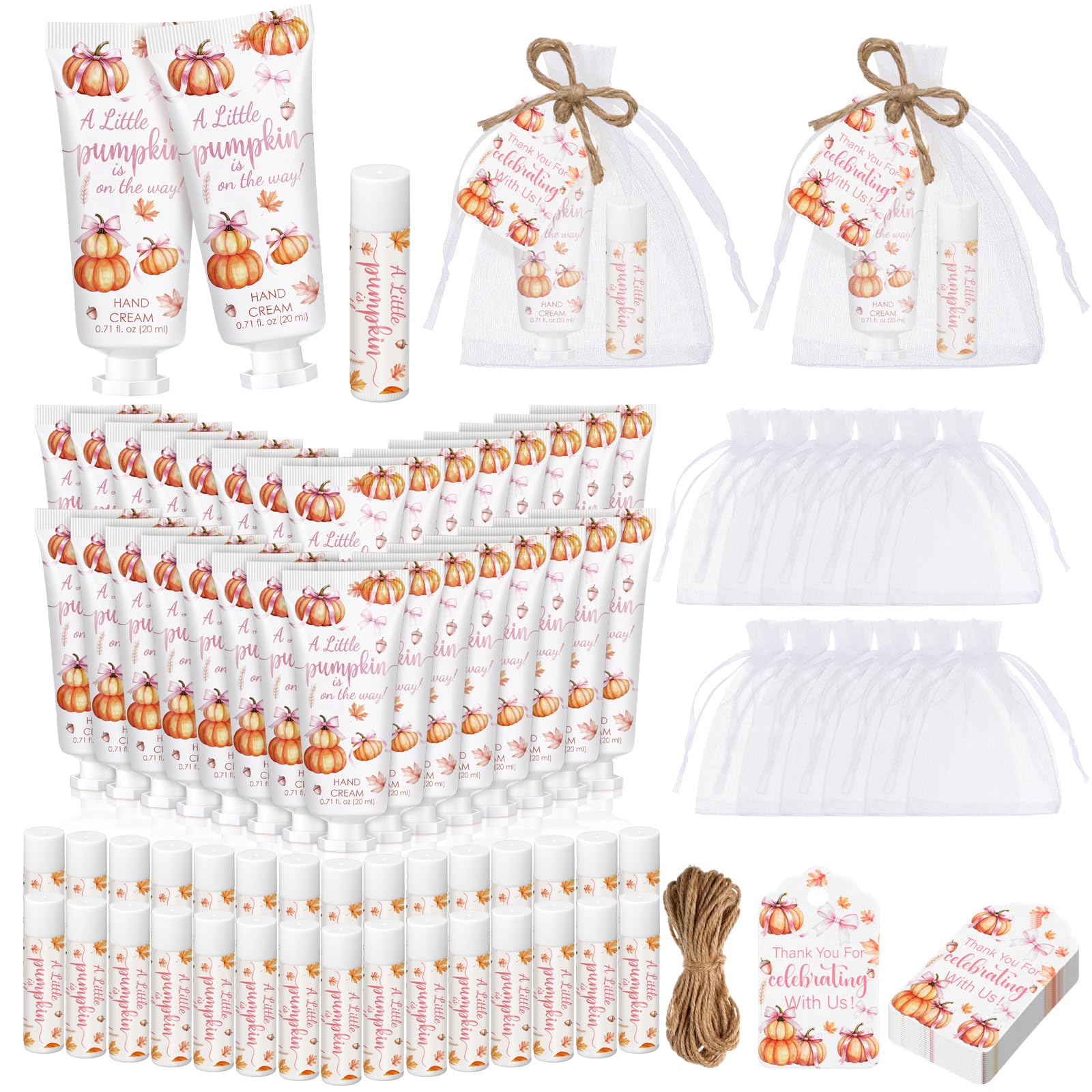 Dansib 24 Sets Fall Pink Bow Pumpkin Baby Shower Hand Cream Lip Balm Gift Little Pumpkin Baby Shower Party Favors Travel Size Ha
